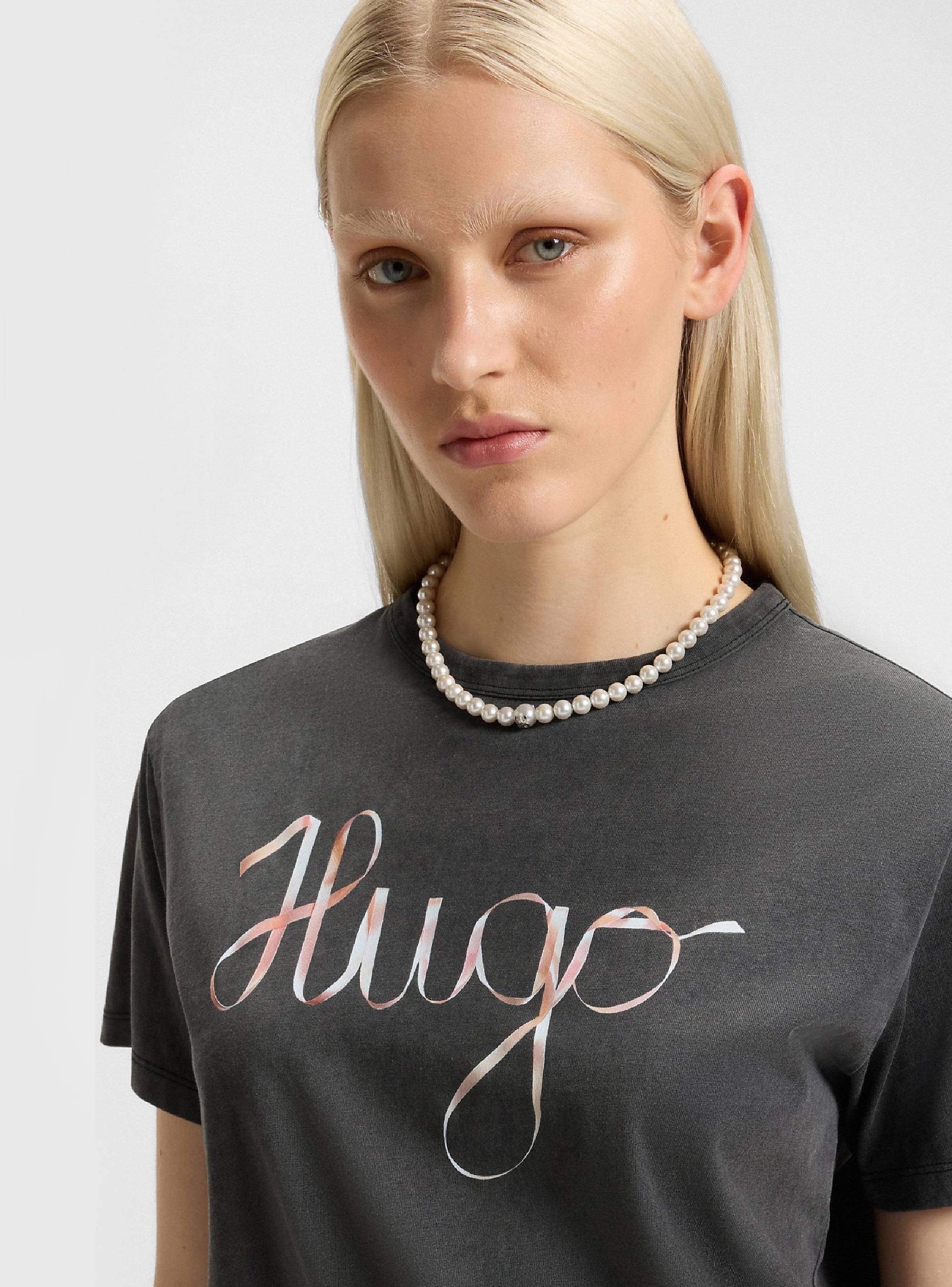 HUGO Cotton-Jersey T-Shirt With Logo Artwork Damacia_5 - Washed Black