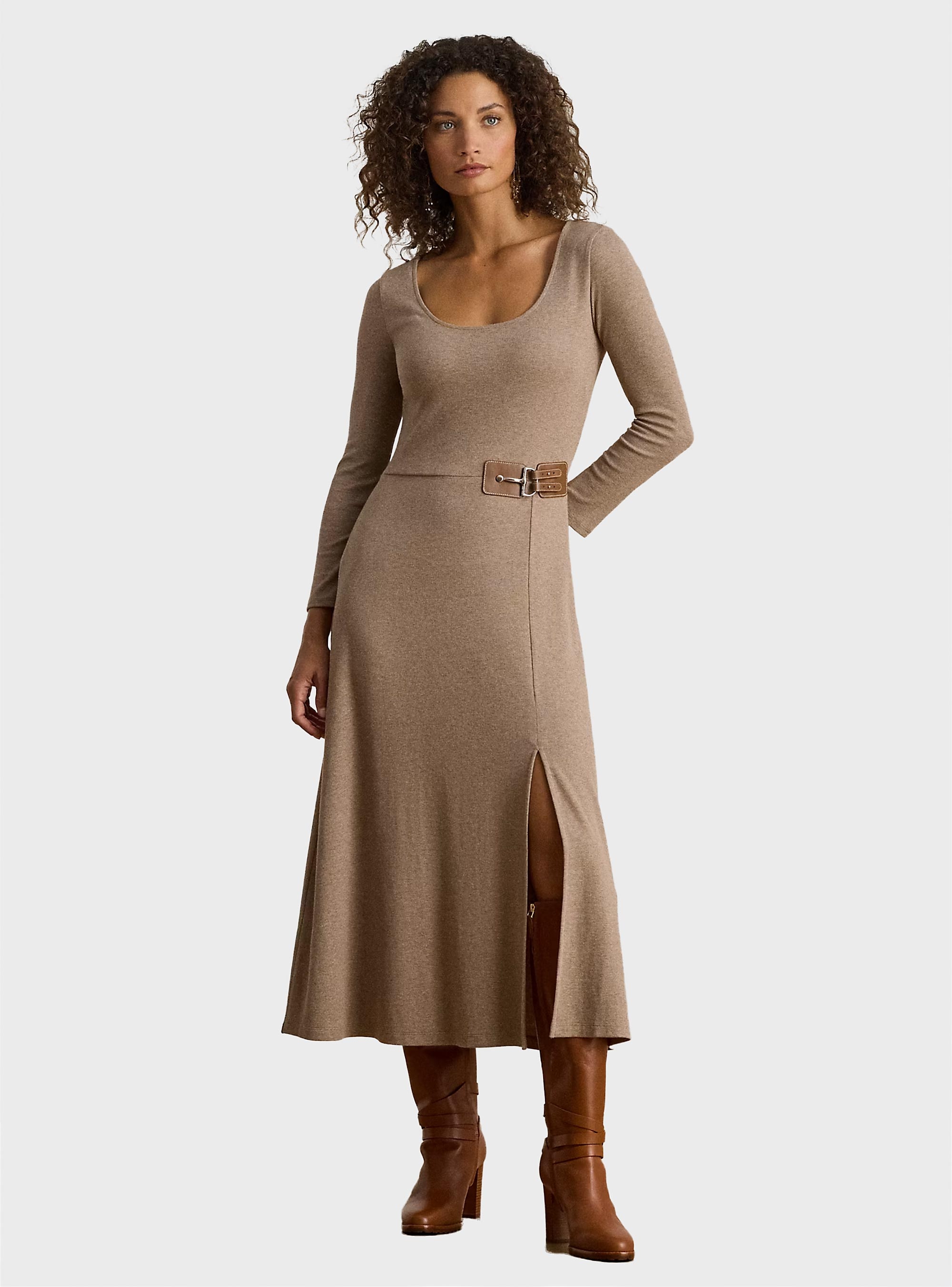 LAUREN Ralph Lauren Buckle-Trim Rib-Knit Midi Dress - Beige