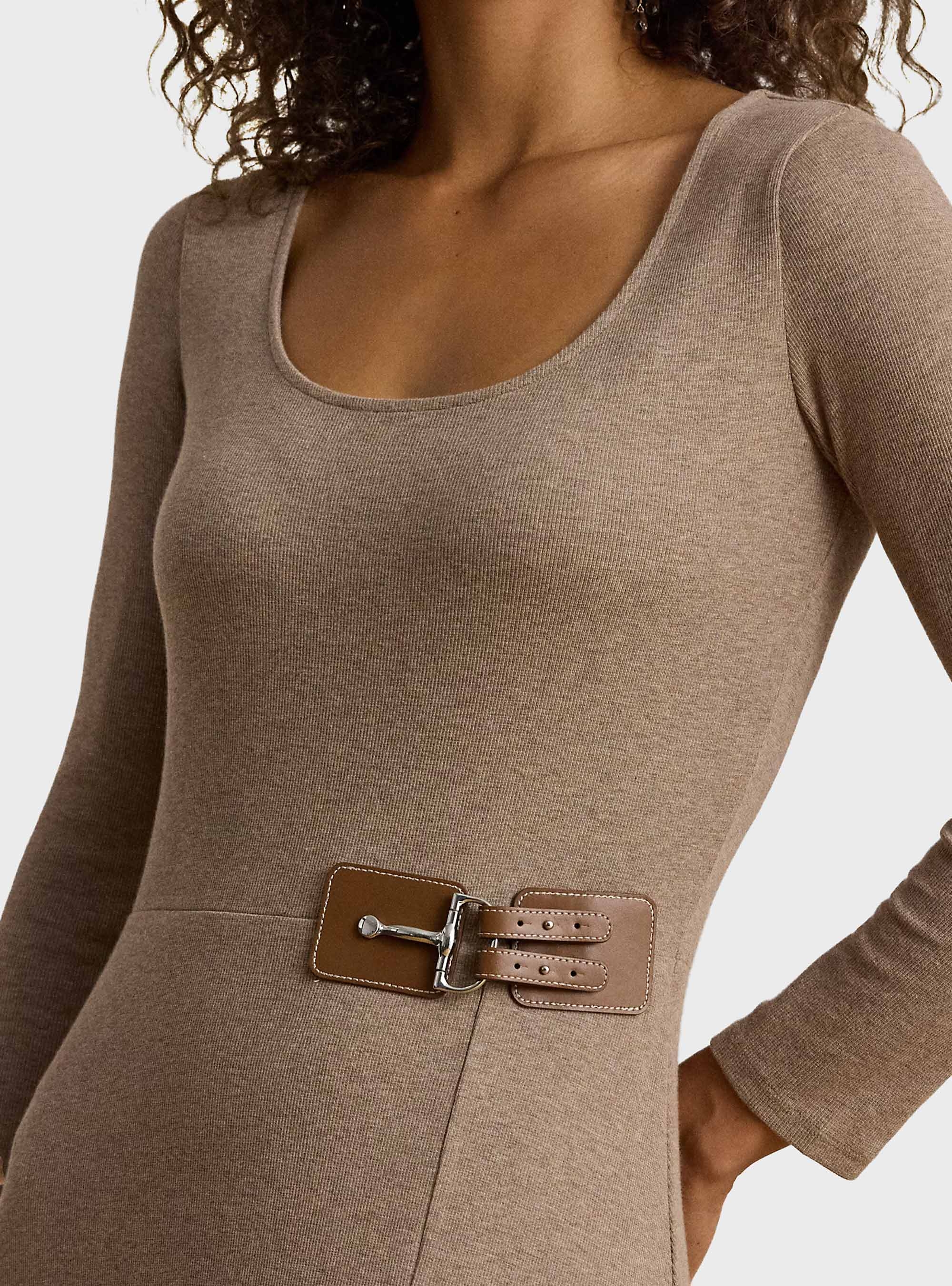 LAUREN Ralph Lauren Buckle-Trim Rib-Knit Midi Dress - Beige