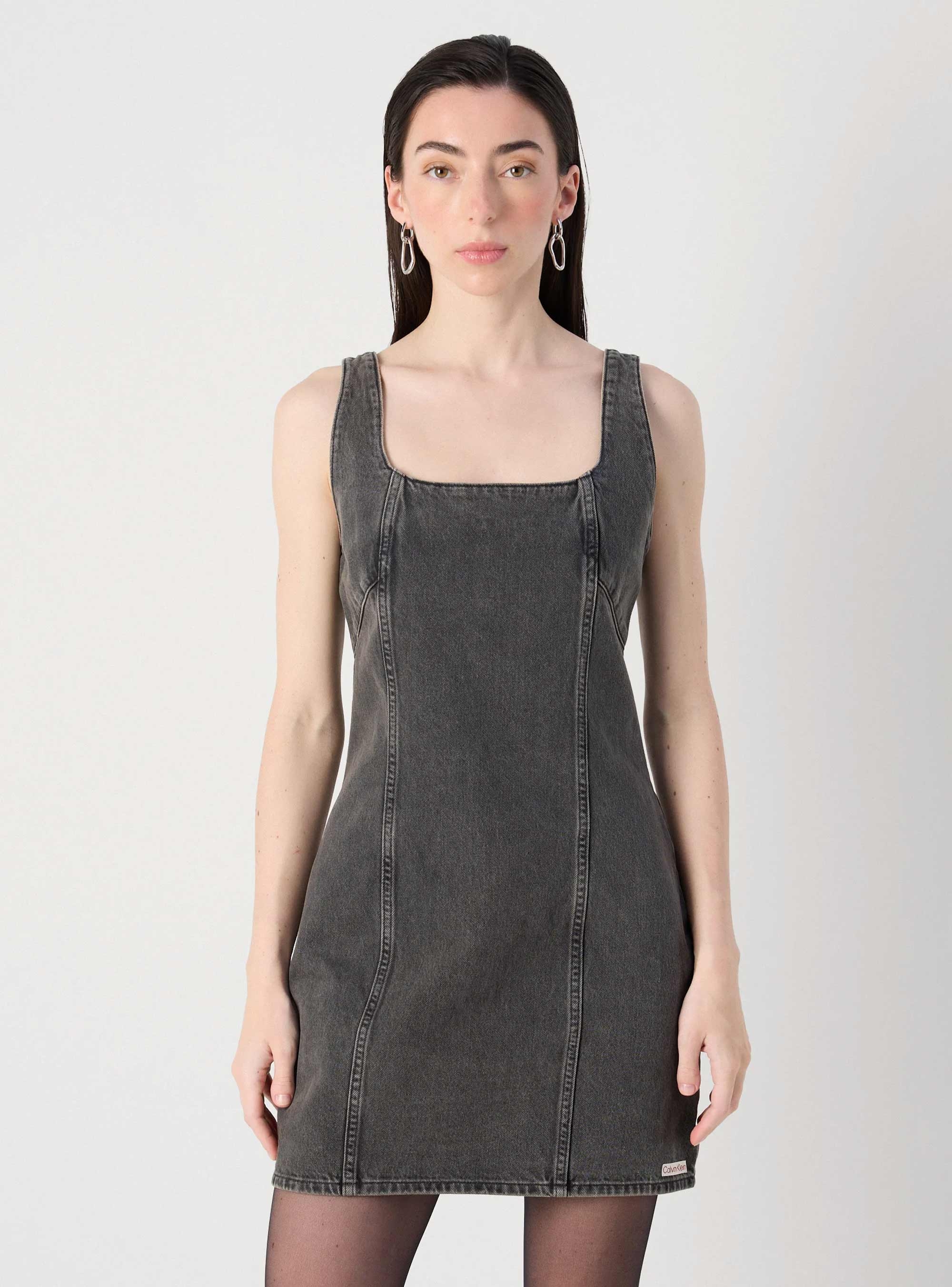 Calvin Klein Scoop Neck Denim Mini Dress - Black Denim