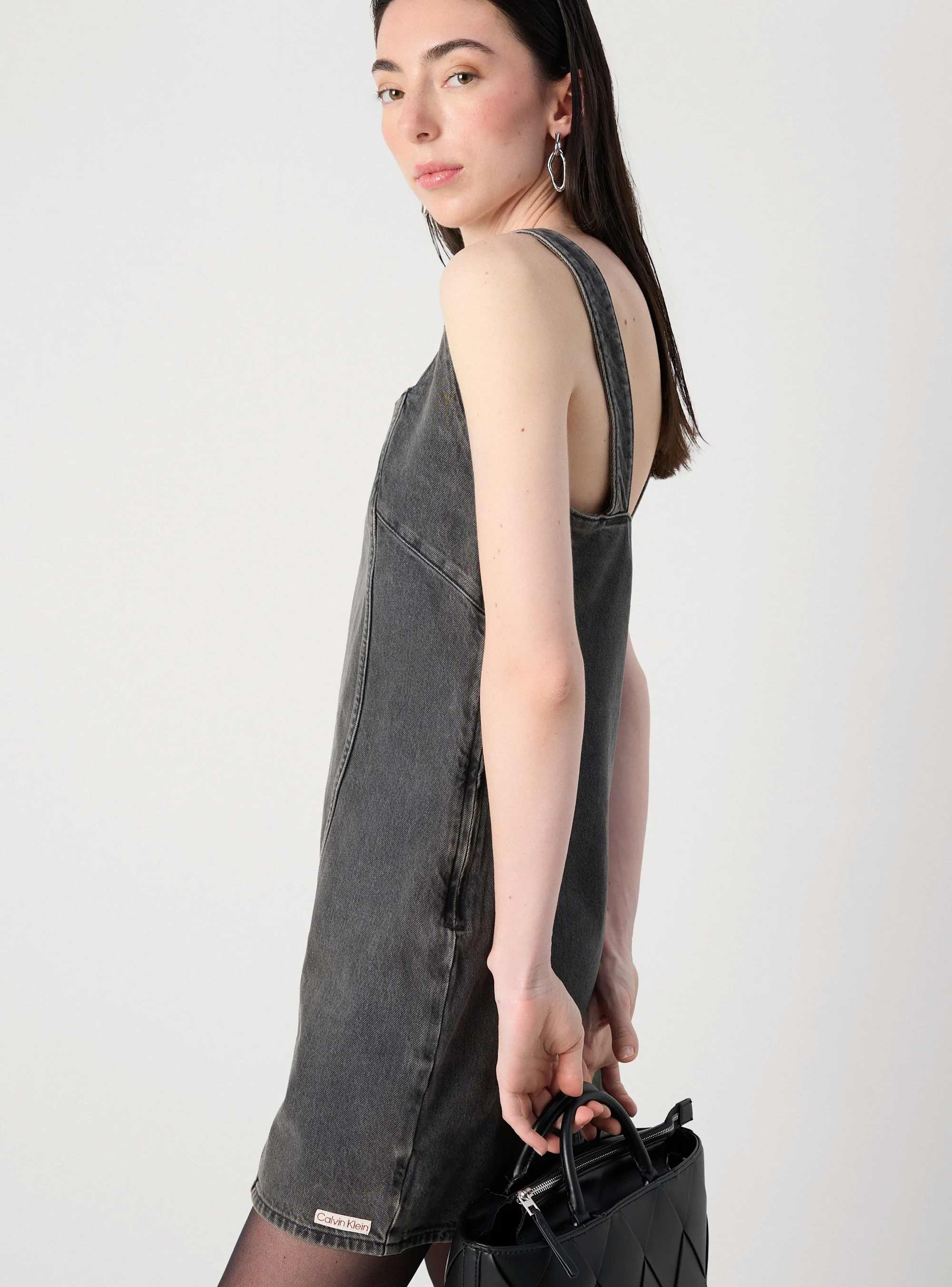 Calvin Klein Scoop Neck Denim Mini Dress - Black Denim