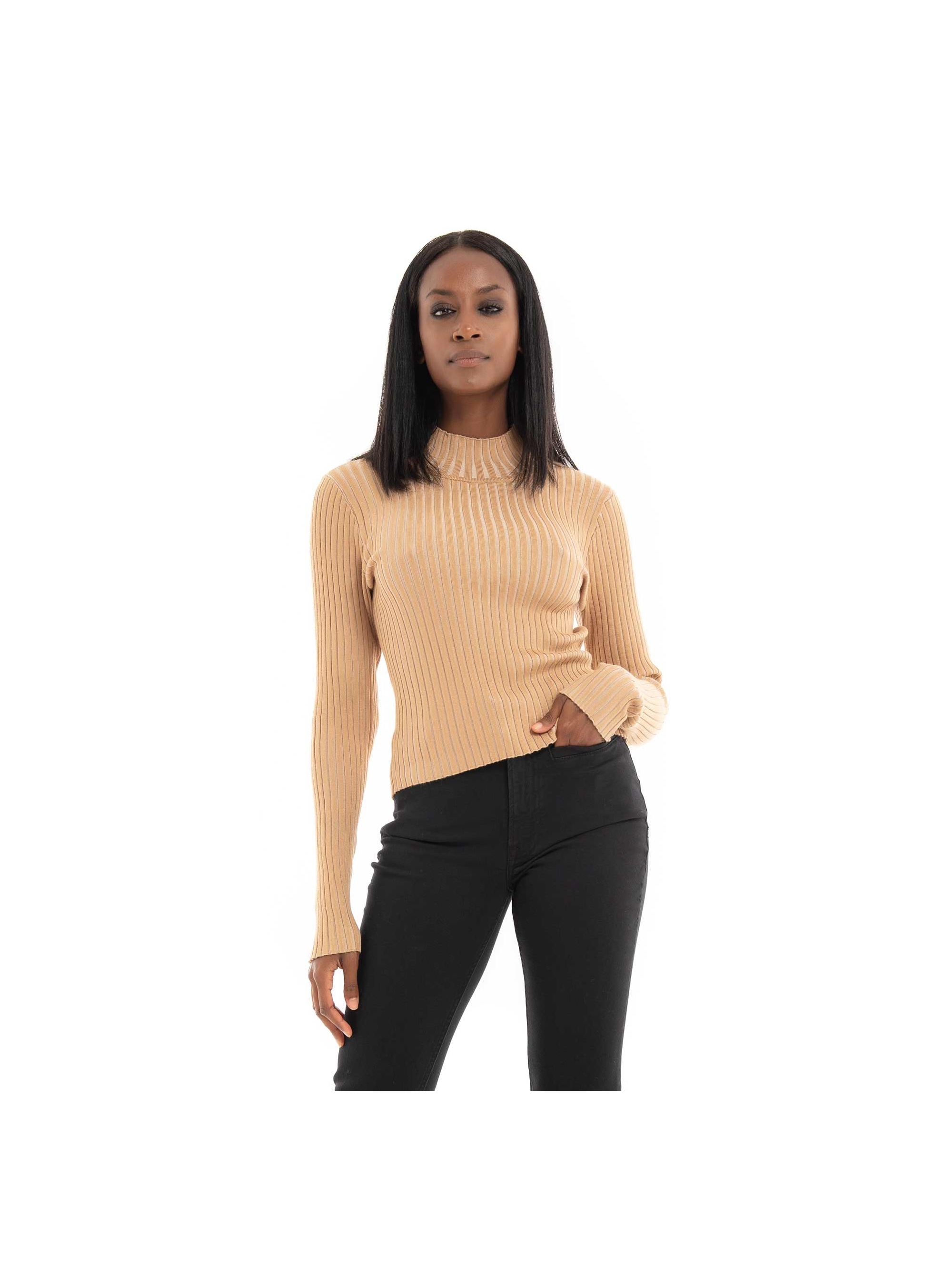 Vero Moda Willow High-Neck Rib Crop Knit - Dark Beige