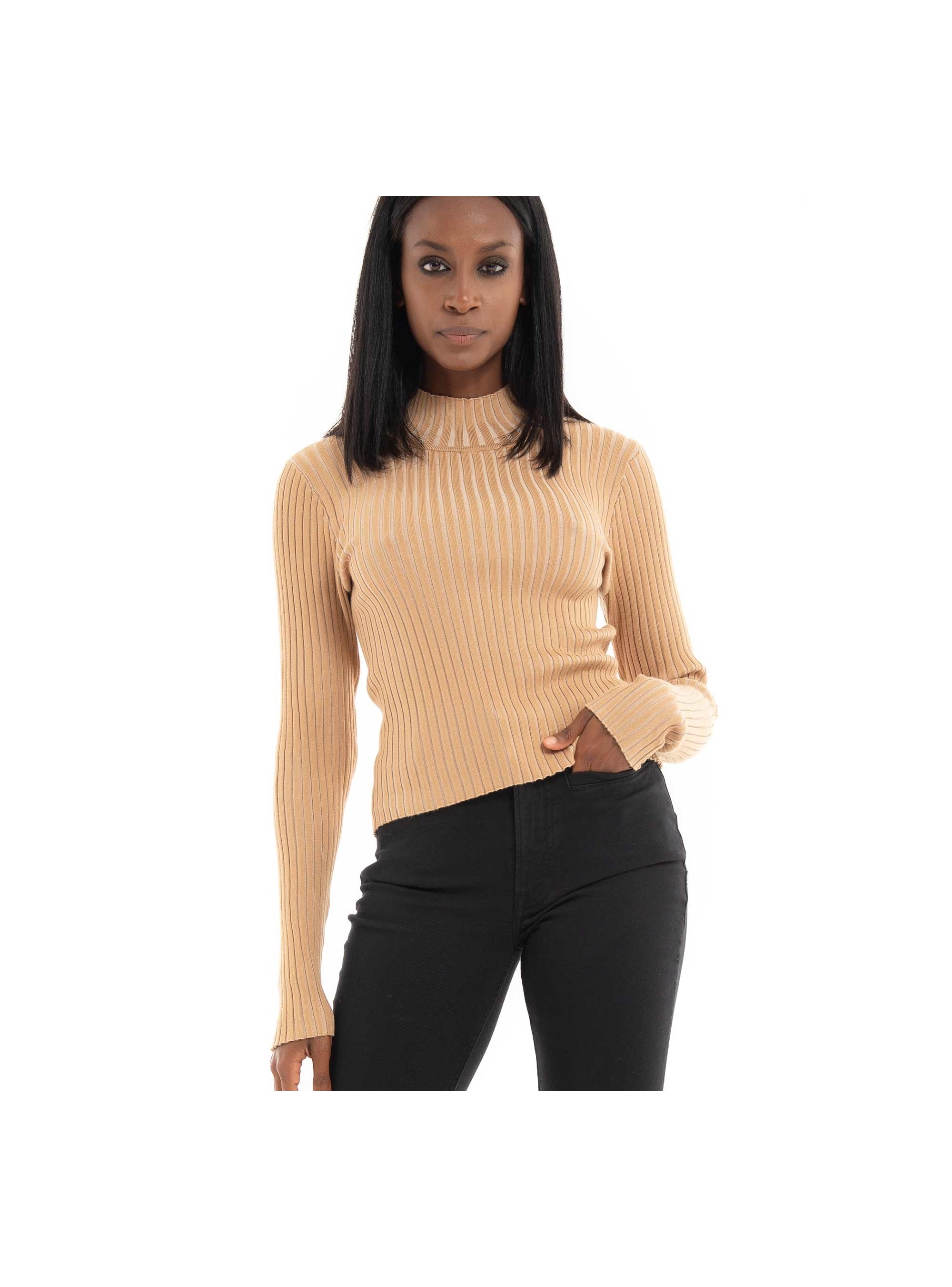 Vero Moda Willow High-Neck Rib Crop Knit - Dark Beige