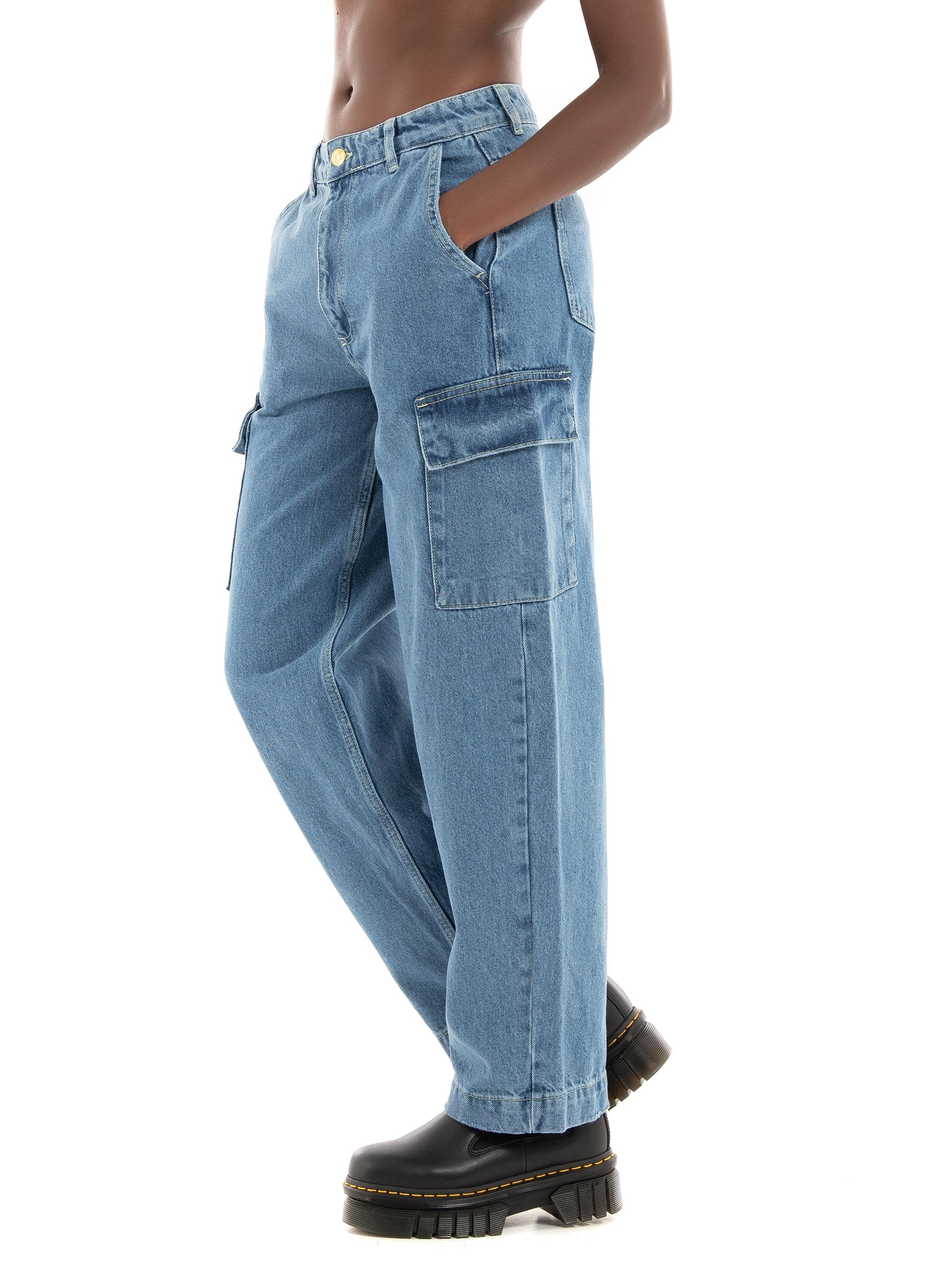 Something New Reese Mid Rise Cargo Jeans - Medium Aged Denim