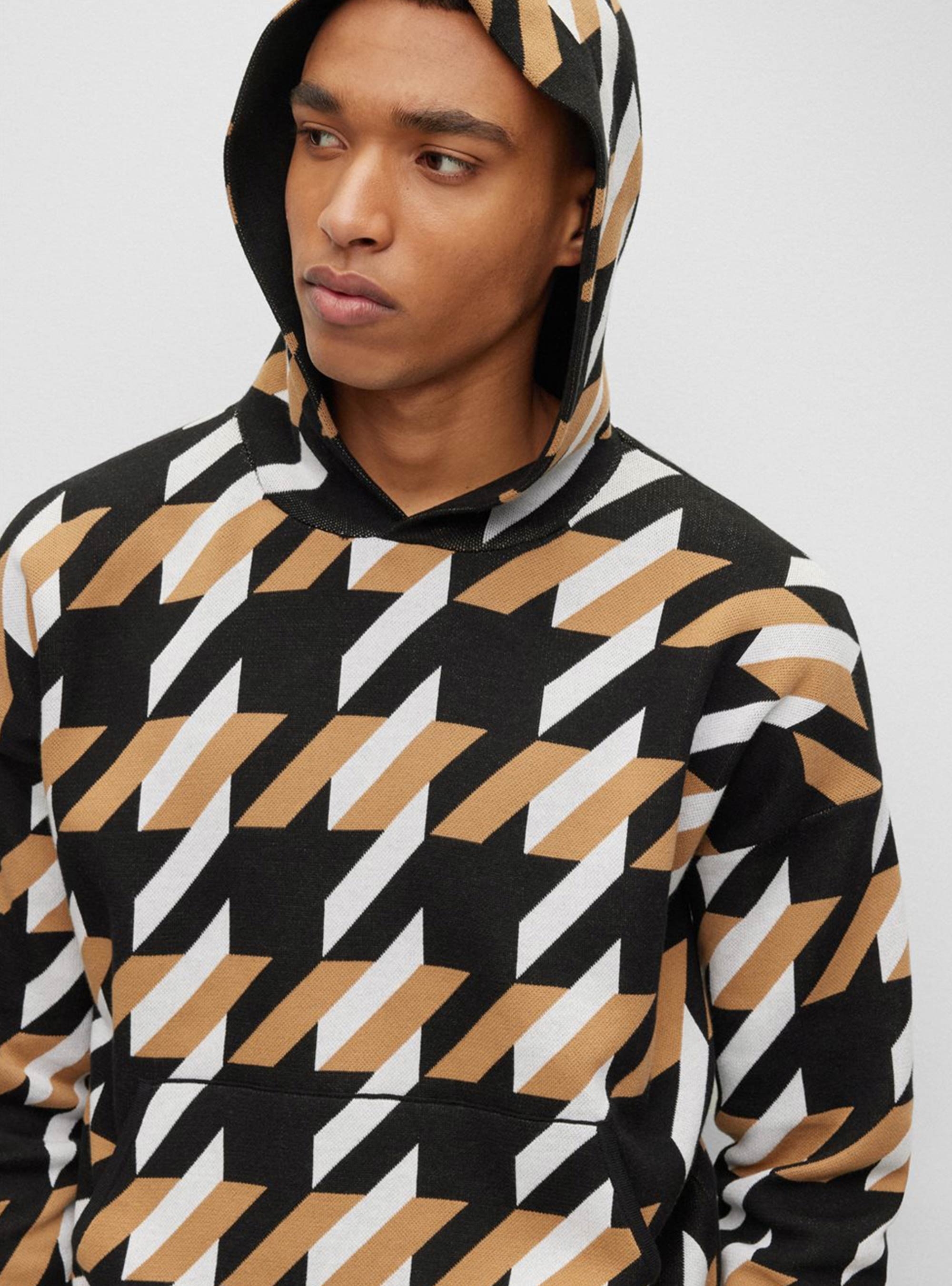 BOSS Relaxed Fit Hoodie With Houndstooth Knit Ofondo - Black