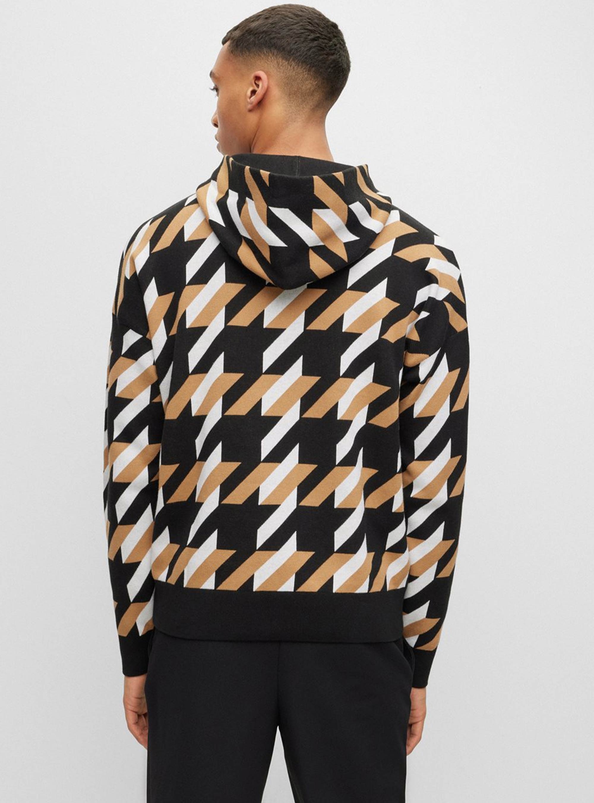 BOSS Relaxed Fit Hoodie With Houndstooth Knit Ofondo - Black