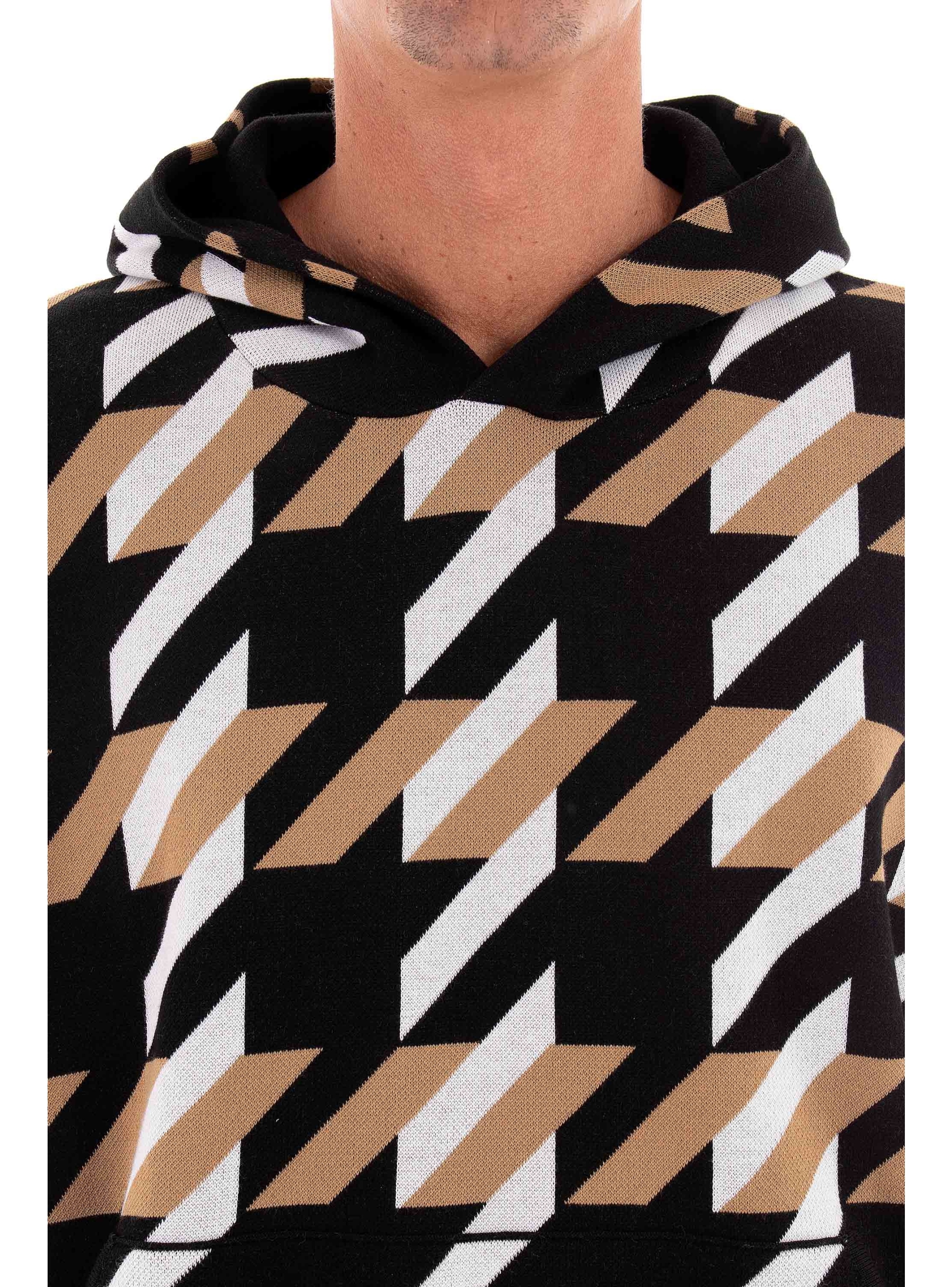 BOSS Relaxed Fit Hoodie With Houndstooth Knit Ofondo - Black