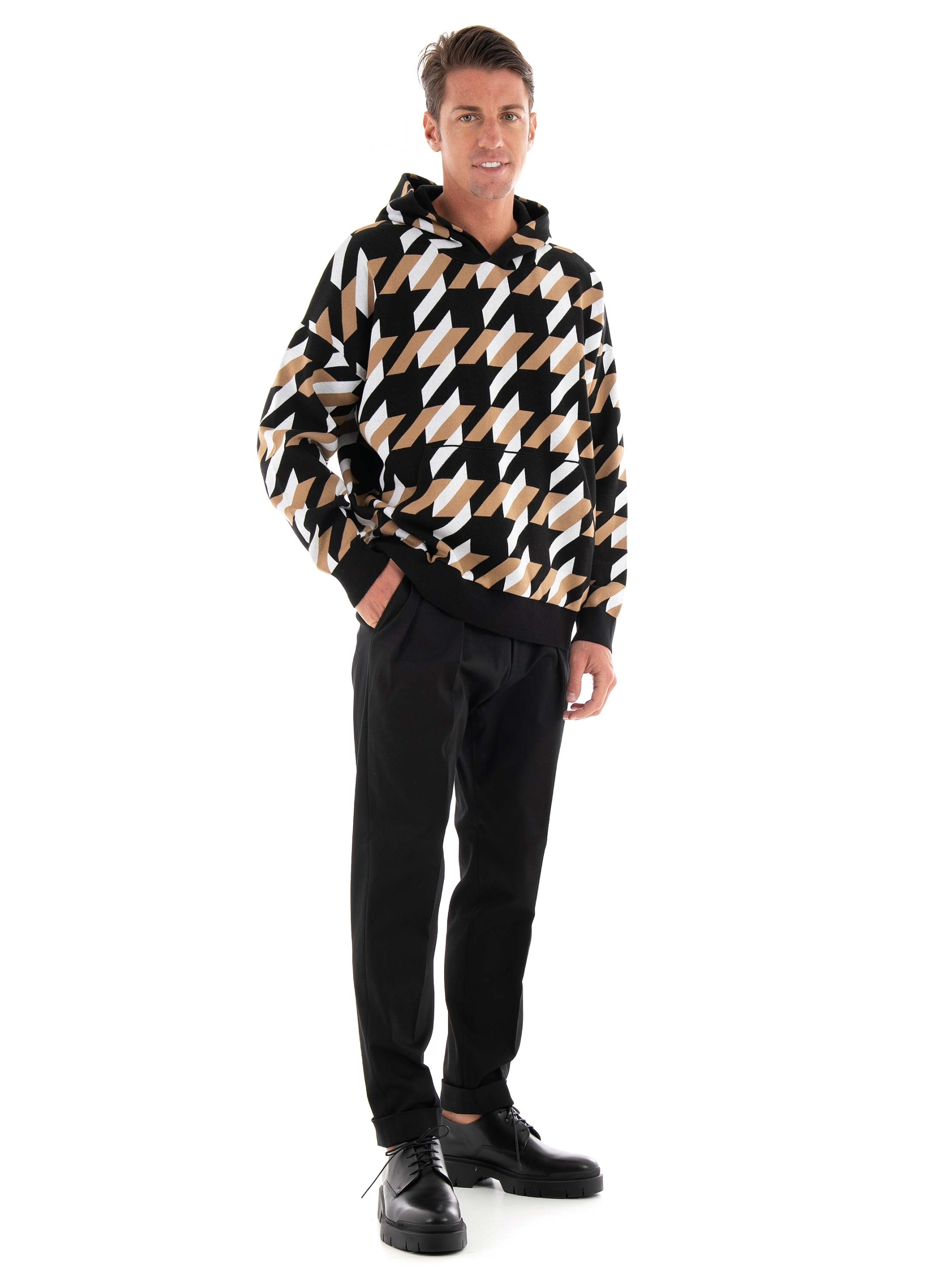 BOSS Relaxed Fit Hoodie With Houndstooth Knit Ofondo - Black