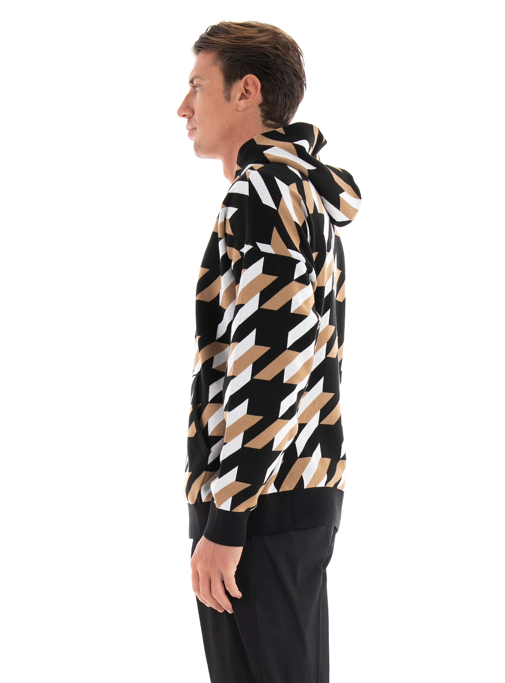 BOSS Relaxed Fit Hoodie With Houndstooth Knit Ofondo - Black