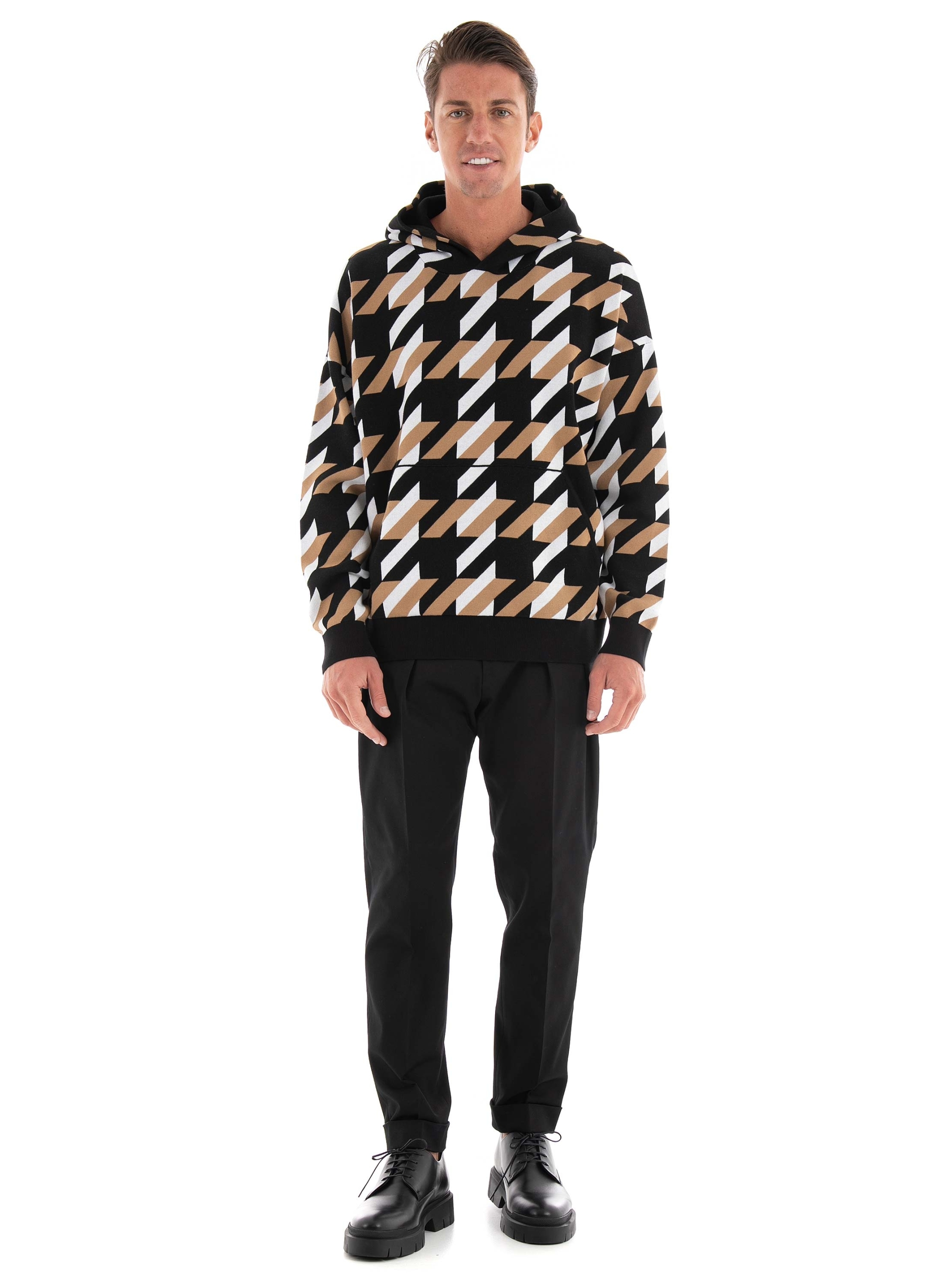 BOSS Relaxed Fit Hoodie With Houndstooth Knit Ofondo - Black