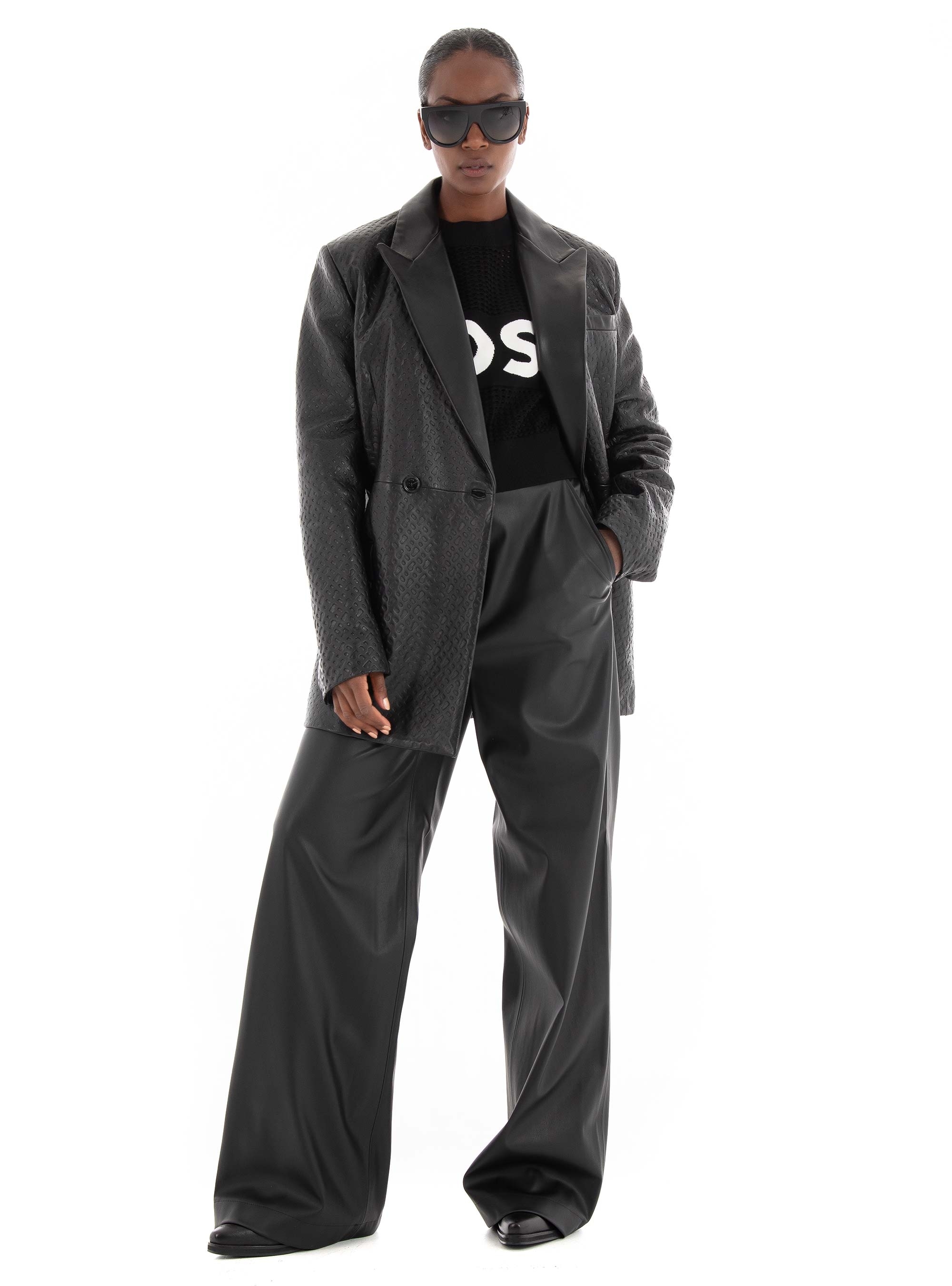 BOSS Leather Blazer With Contrast Lapels Sabora - Black