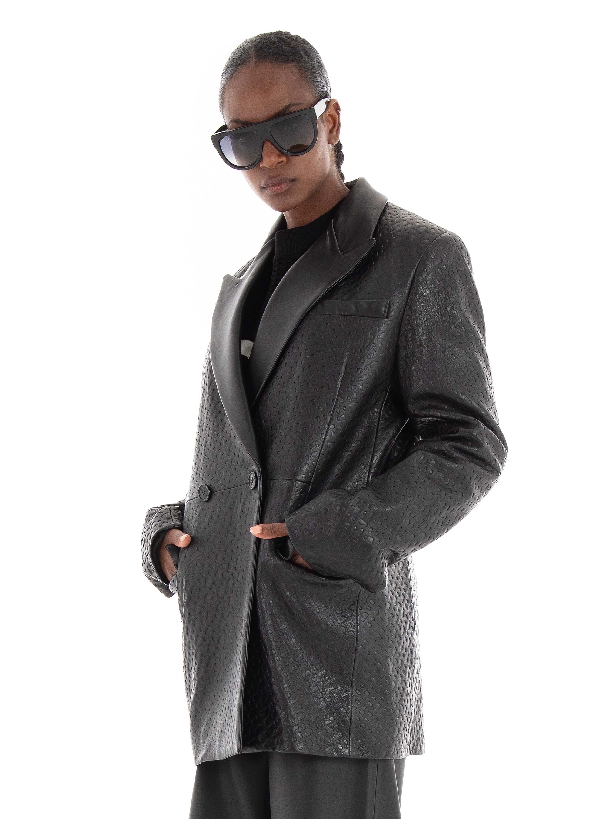 BOSS Leather Blazer With Contrast Lapels Sabora - Black