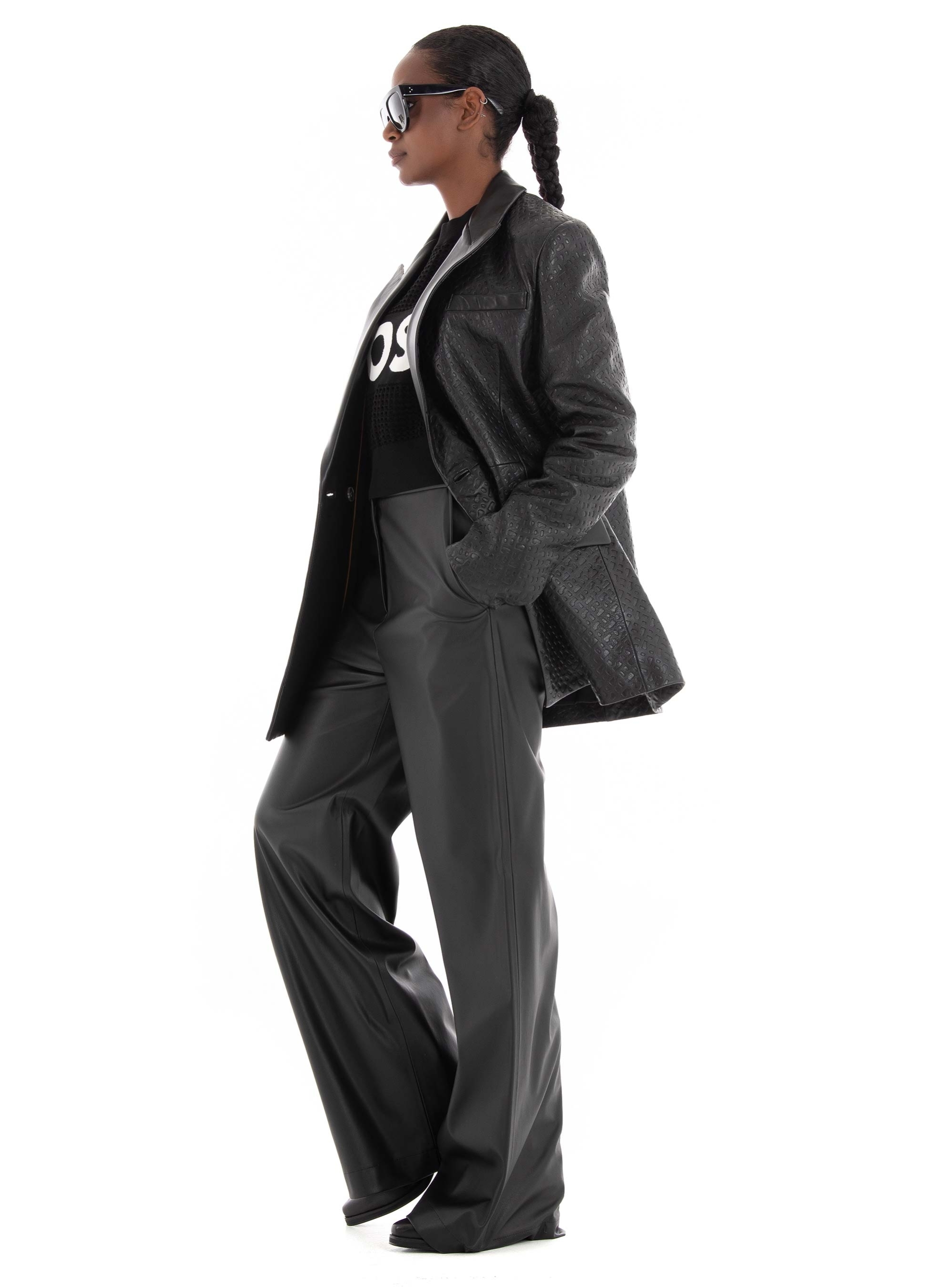 BOSS Leather Blazer With Contrast Lapels Sabora - Black