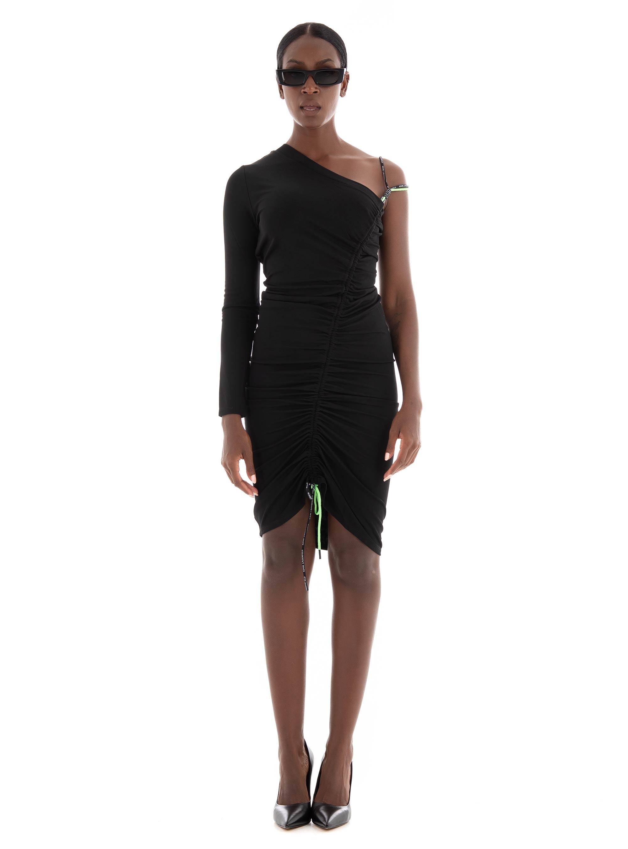 Karl Lagerfeld One Shoulder Cord Detail Dress - Black