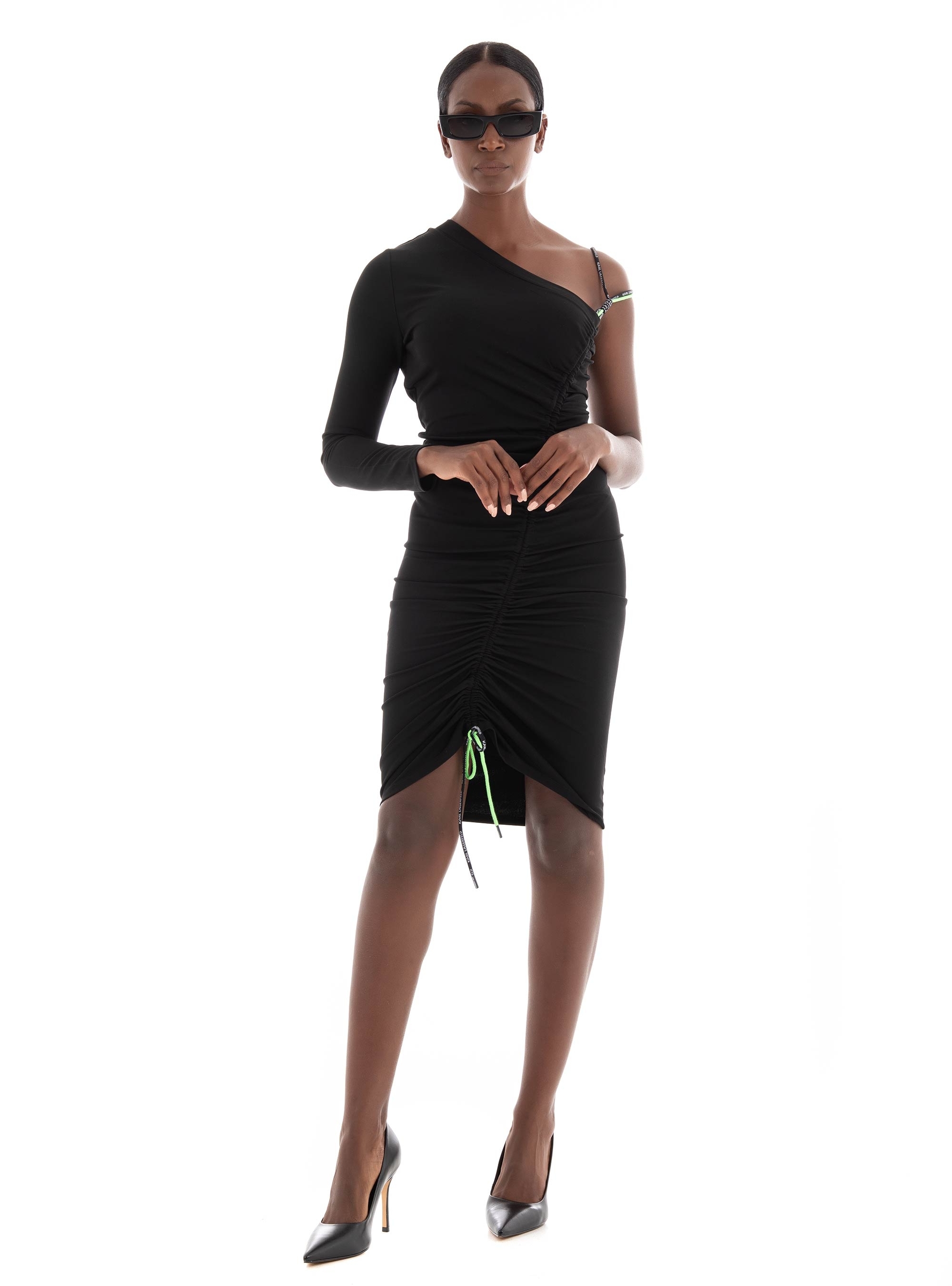 Karl Lagerfeld One Shoulder Cord Detail Dress - Black