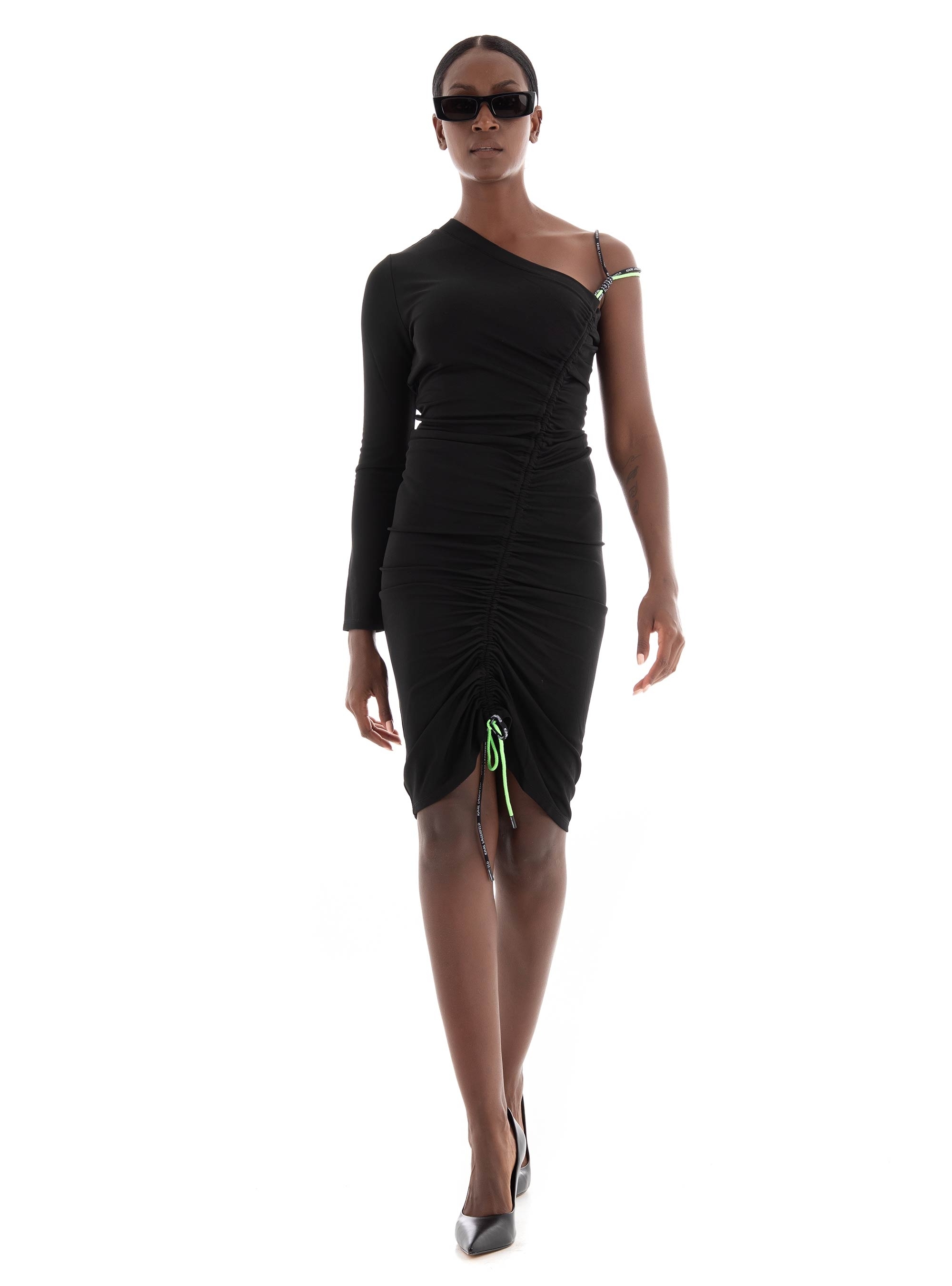 Karl Lagerfeld One Shoulder Cord Detail Dress - Black
