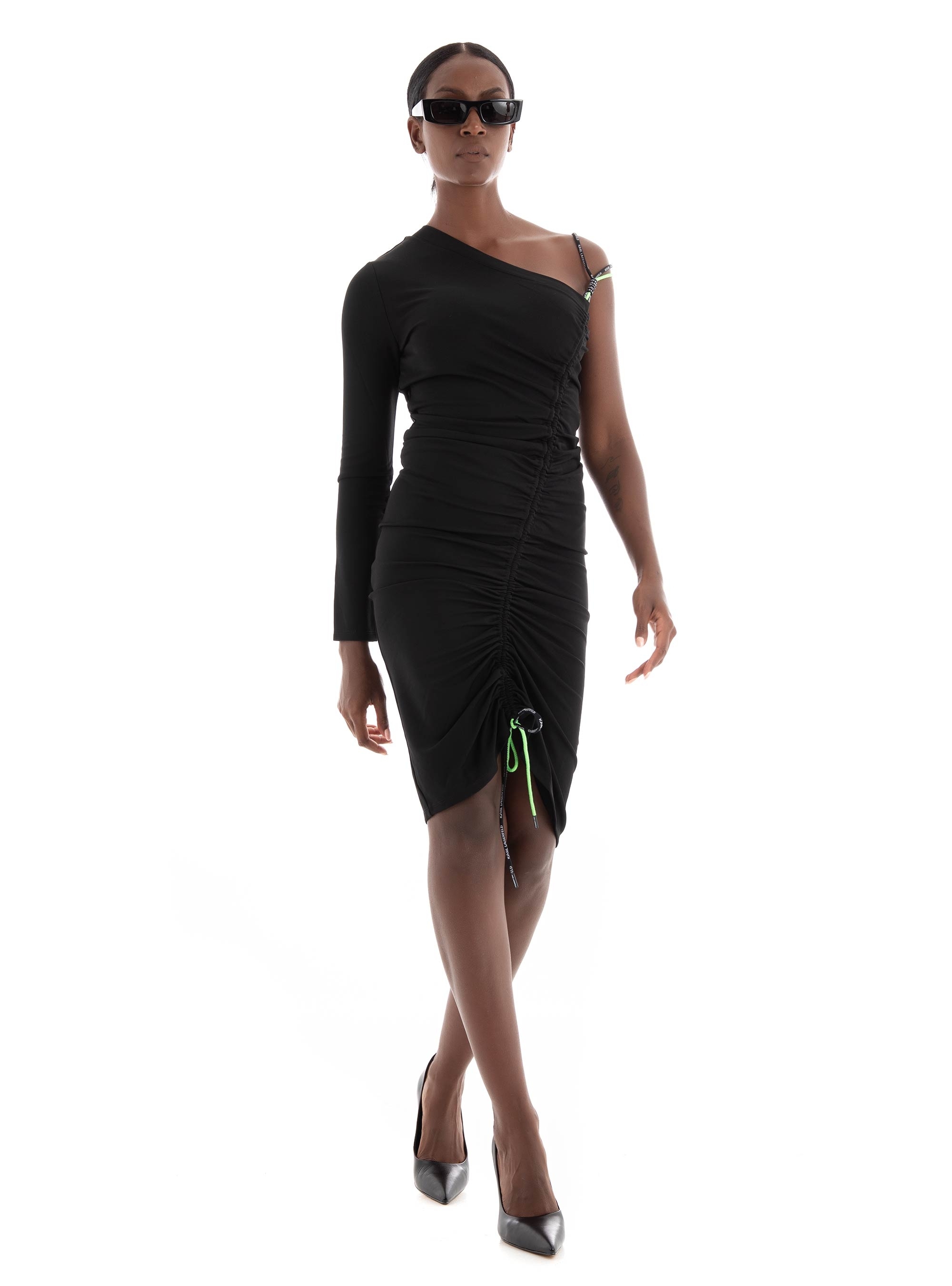 Karl Lagerfeld One Shoulder Cord Detail Dress - Black