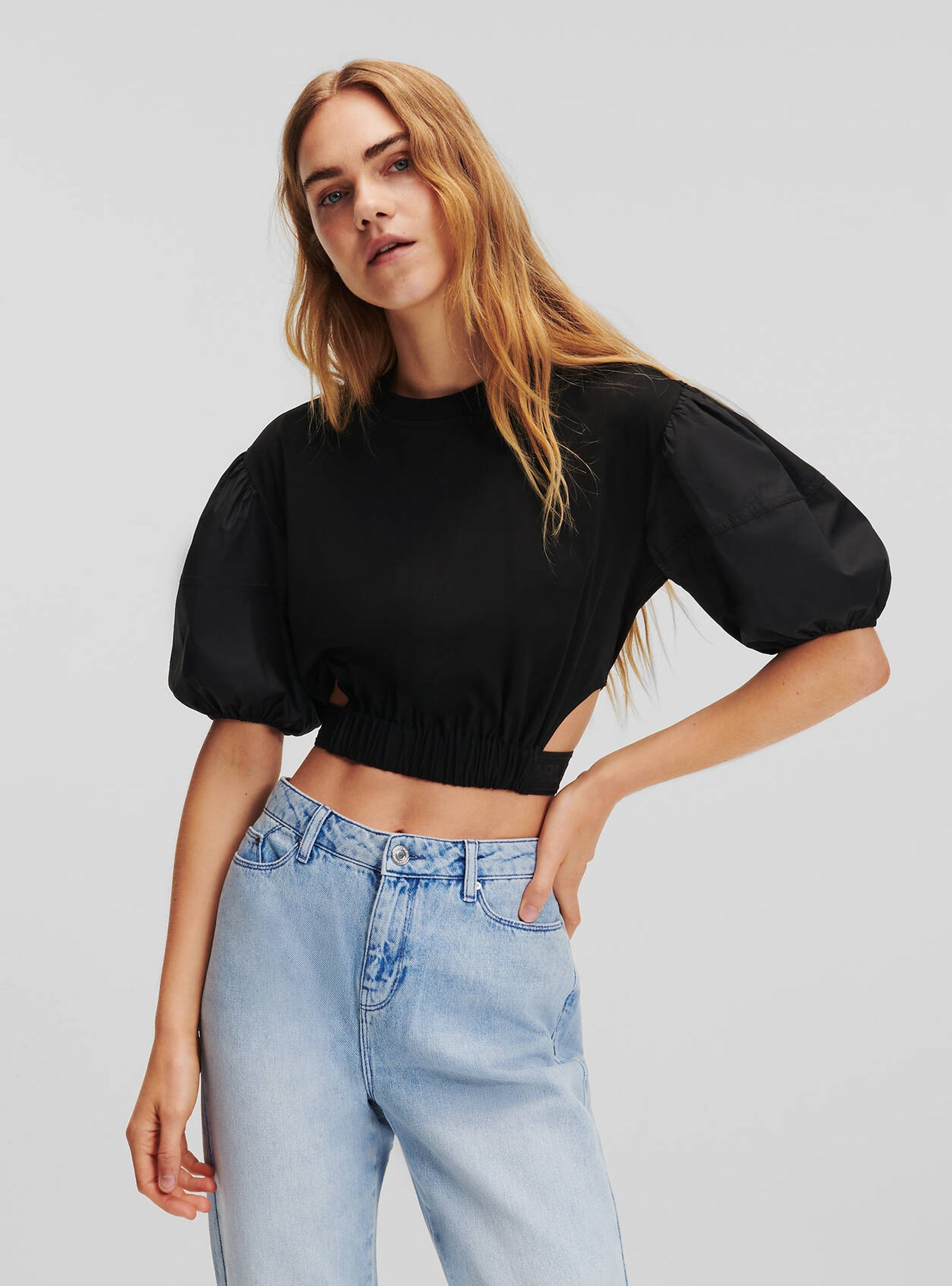 Karl Lagerfeld Cut-Out Puff-Sleeve T-Shirt - Black