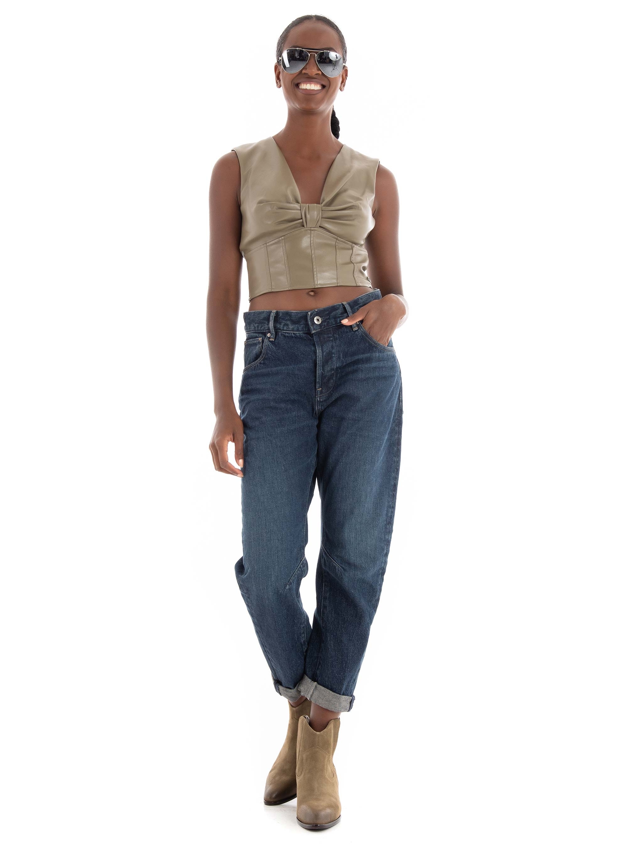 Guess Brenda Faux Leather Top - Dark Olive Green