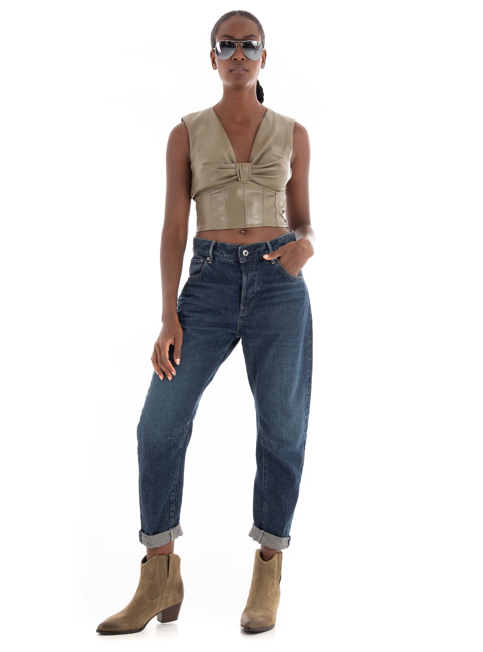 Guess Brenda Faux Leather Top - Dark Olive Green