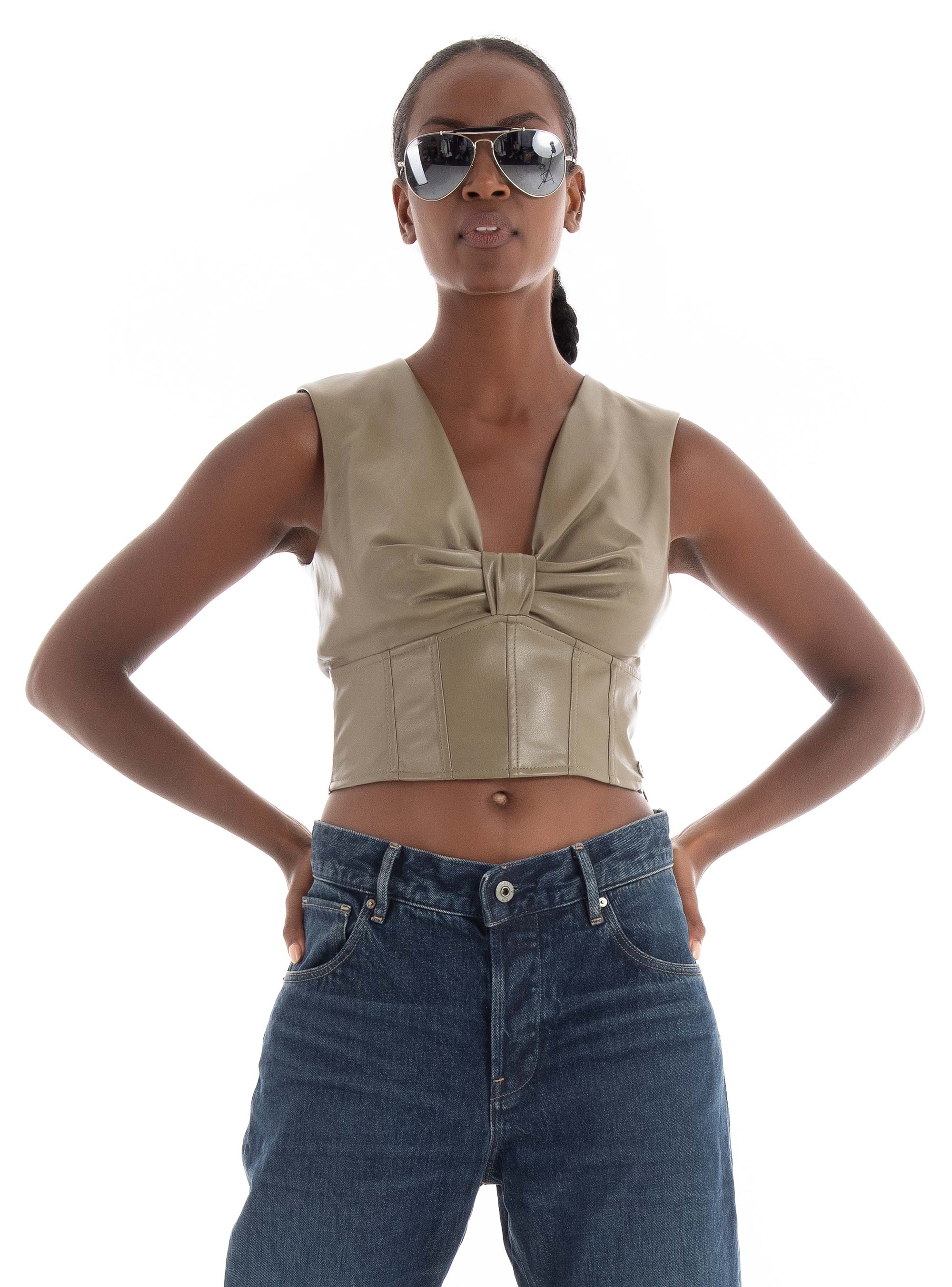 Guess Brenda Faux Leather Top - Dark Olive Green