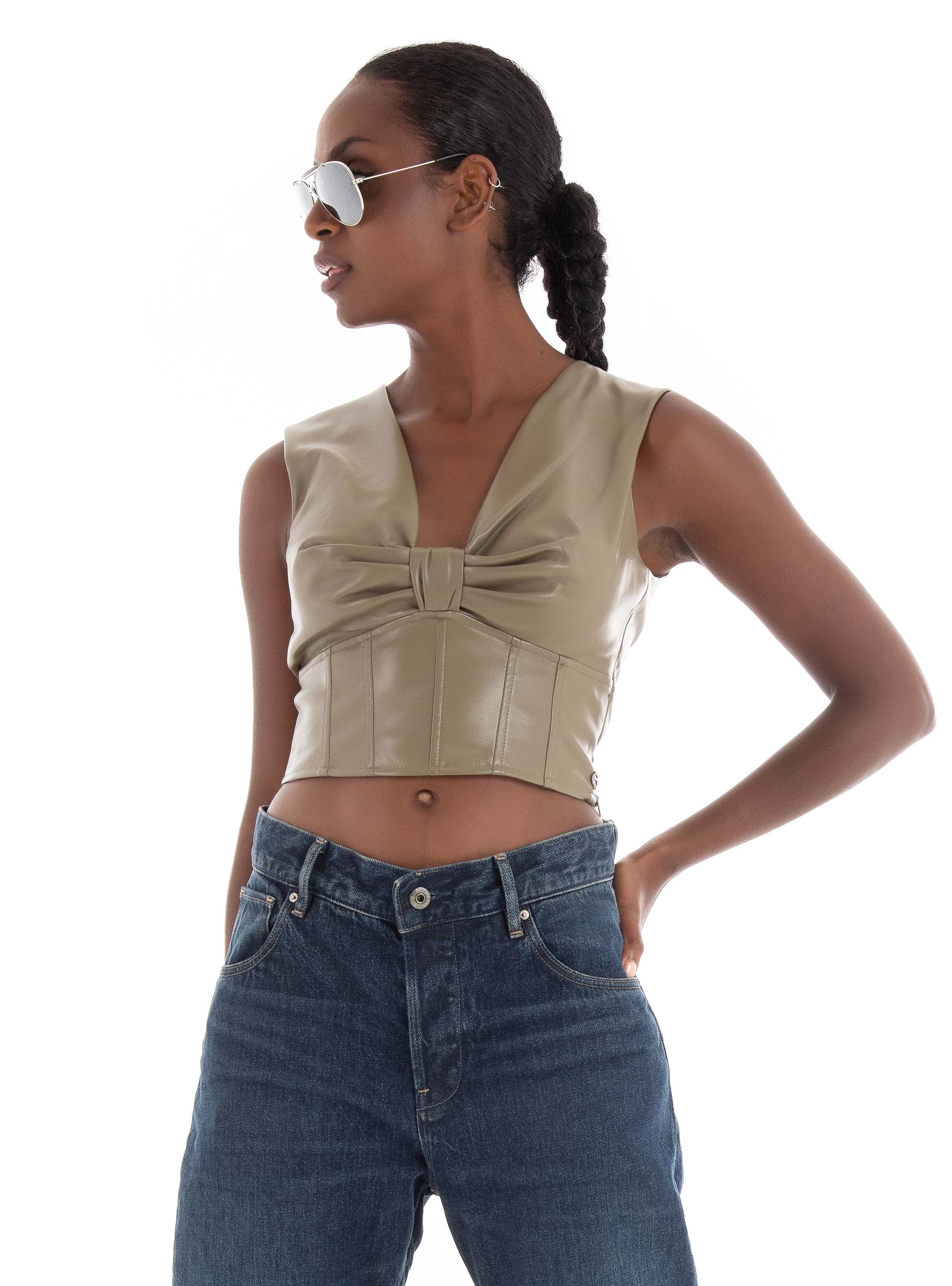 Guess Brenda Faux Leather Top - Dark Olive Green