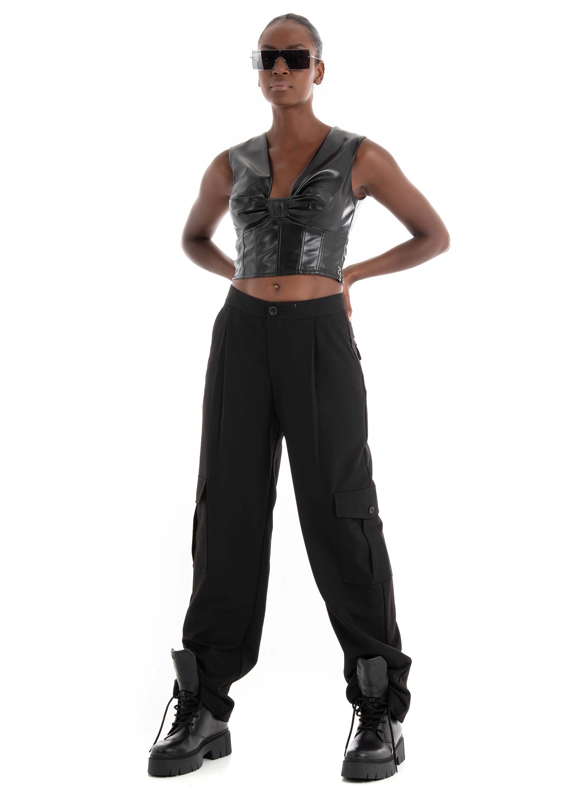 Guess Brenda Faux Leather Top - Jet Black