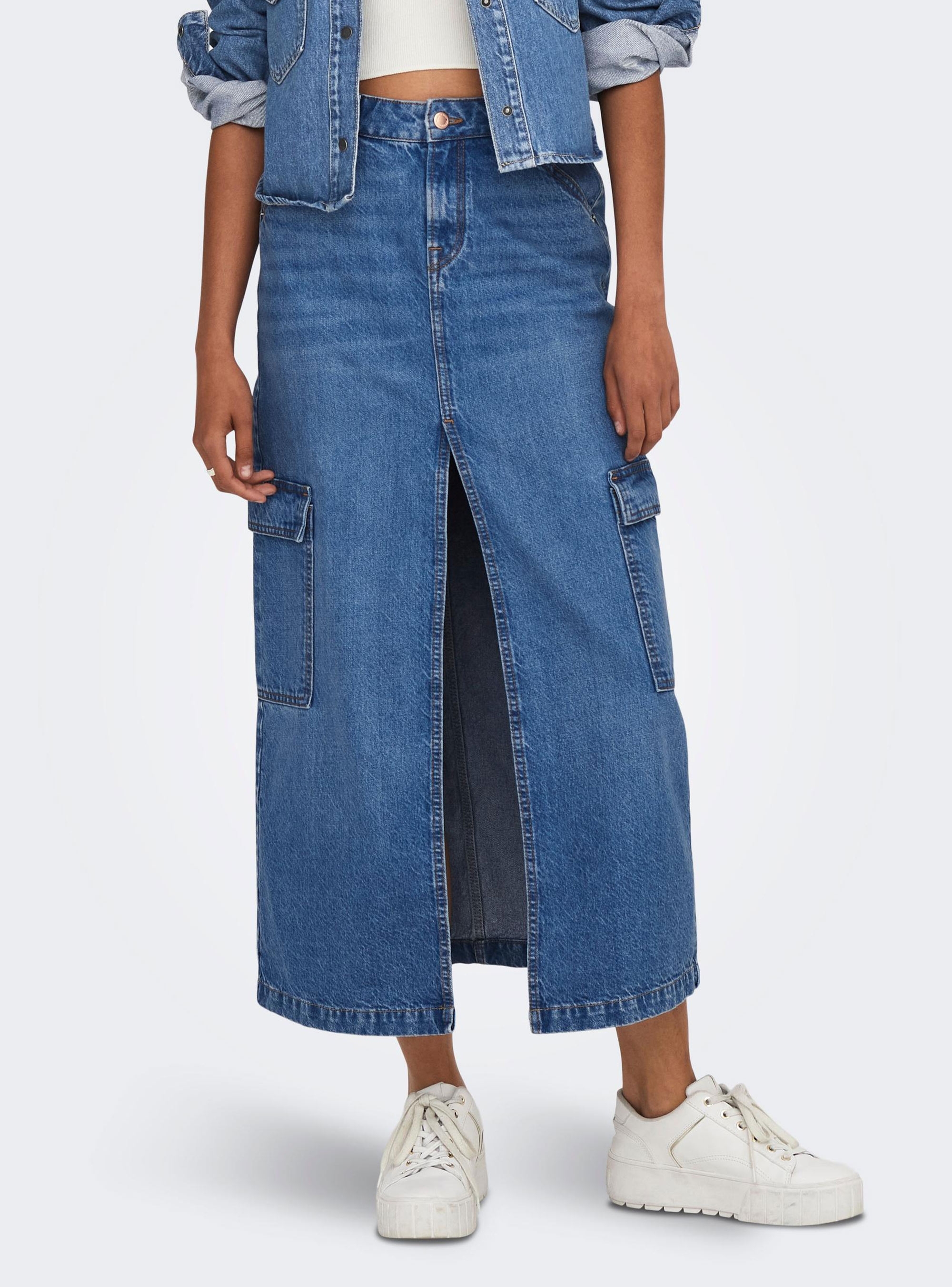Only Lorel Mid Waist Maxi Cargo Denim Skirt  - Medium Aged Denim