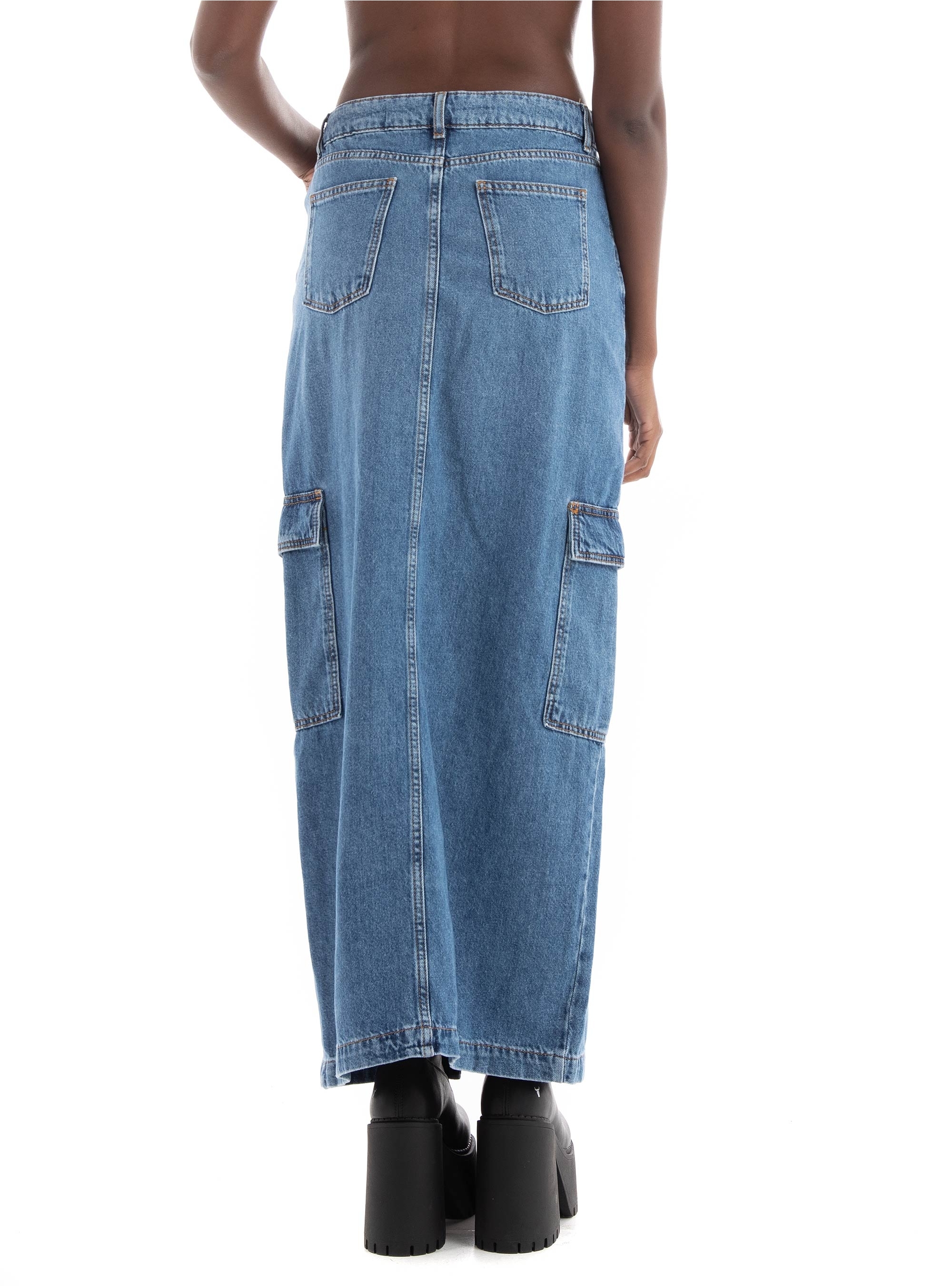 Only Lorel Mid Waist Maxi Cargo Denim Skirt  - Medium Aged Denim