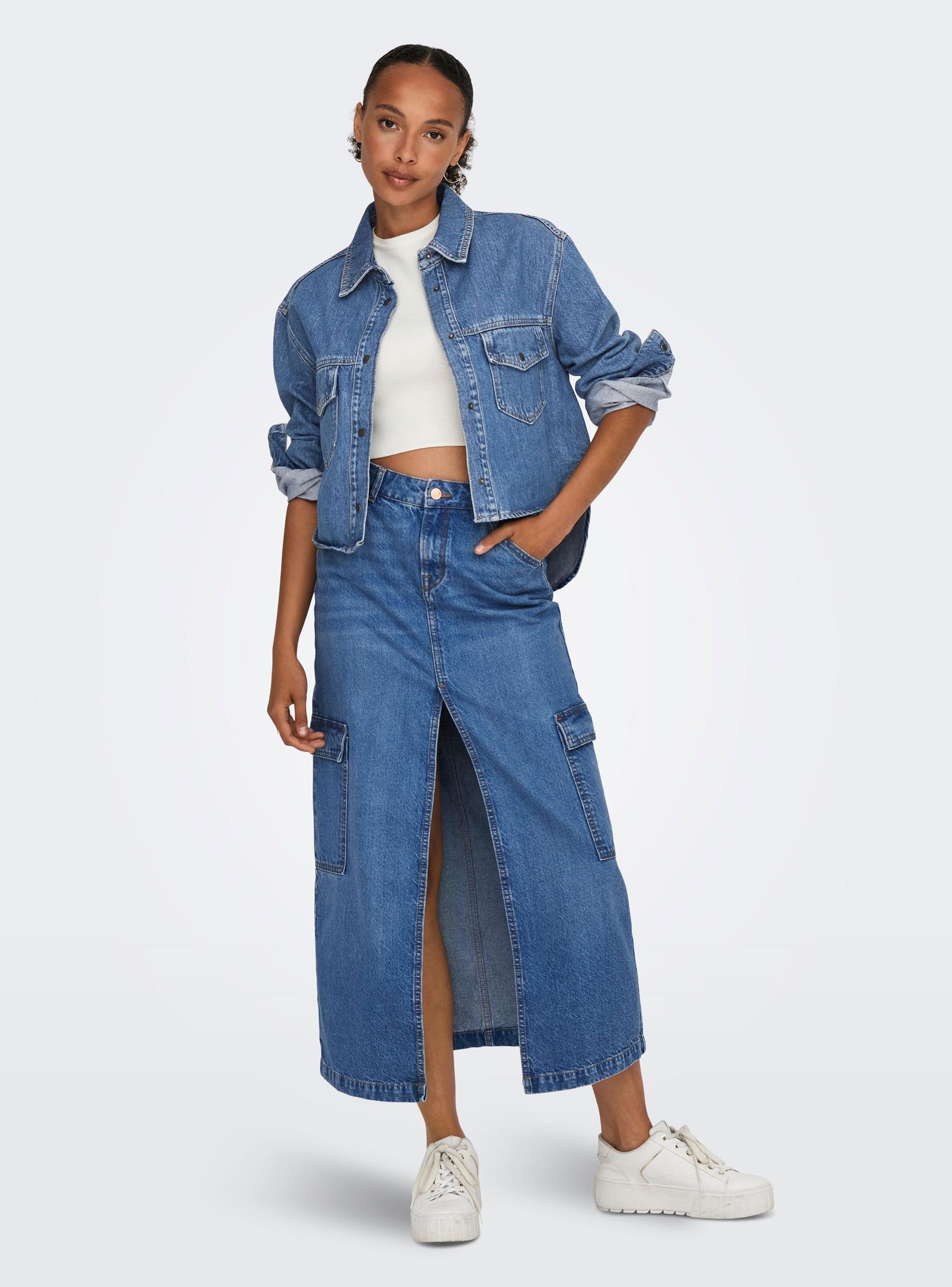 Only Lorel Mid Waist Maxi Cargo Denim Skirt  - Medium Aged Denim