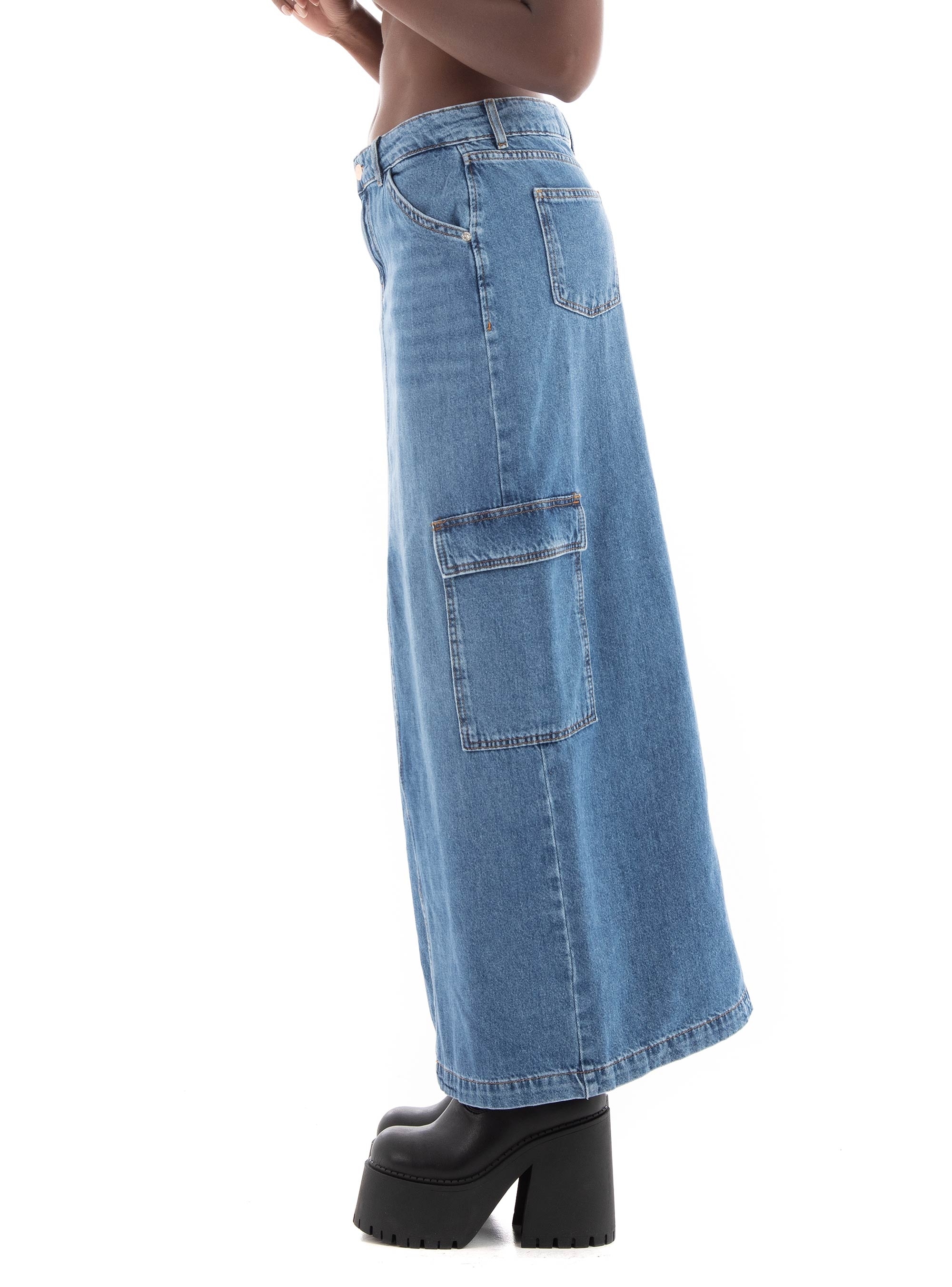 Only Lorel Mid Waist Maxi Cargo Denim Skirt  - Medium Aged Denim