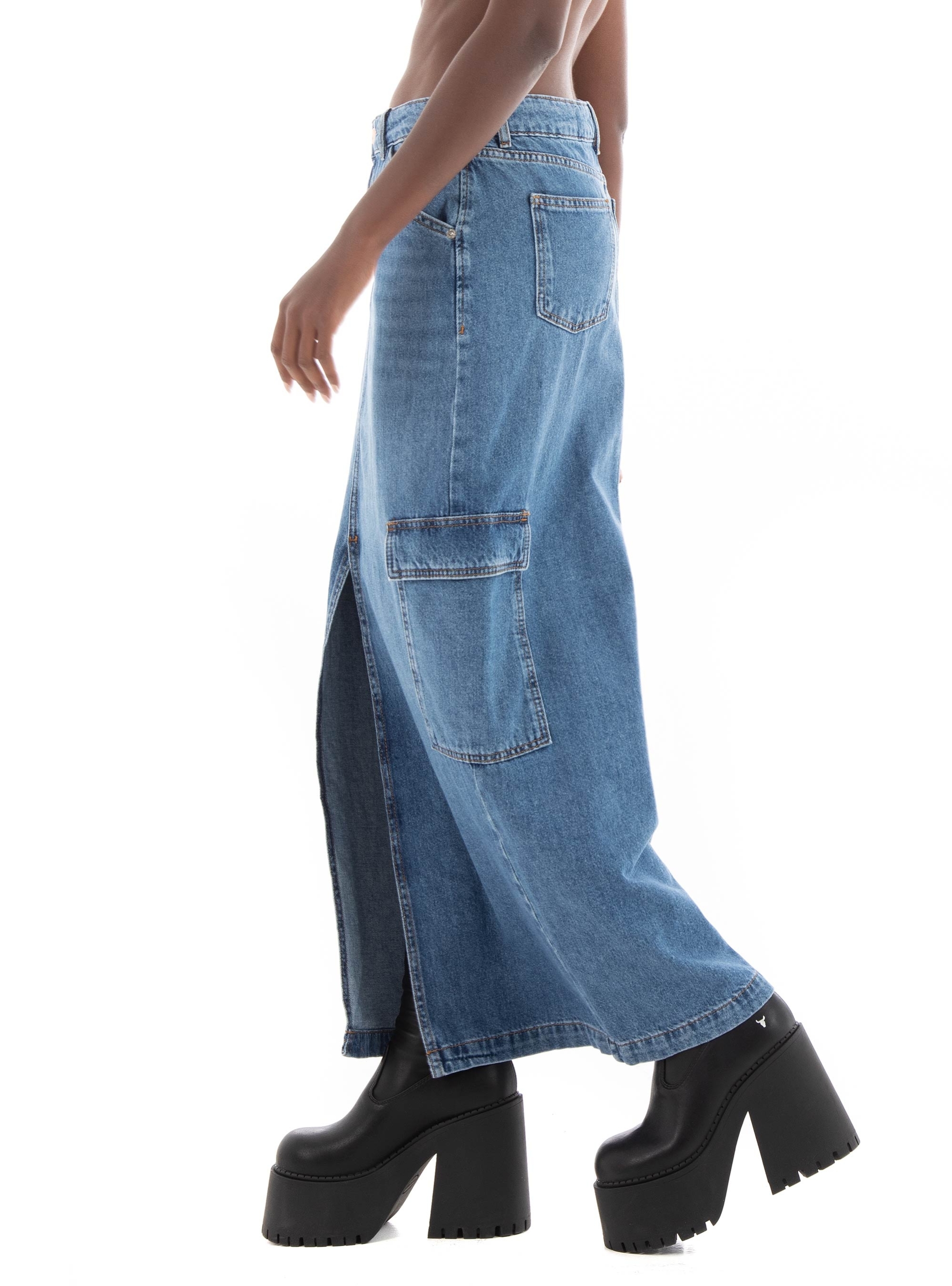Only Lorel Mid Waist Maxi Cargo Denim Skirt  - Medium Aged Denim