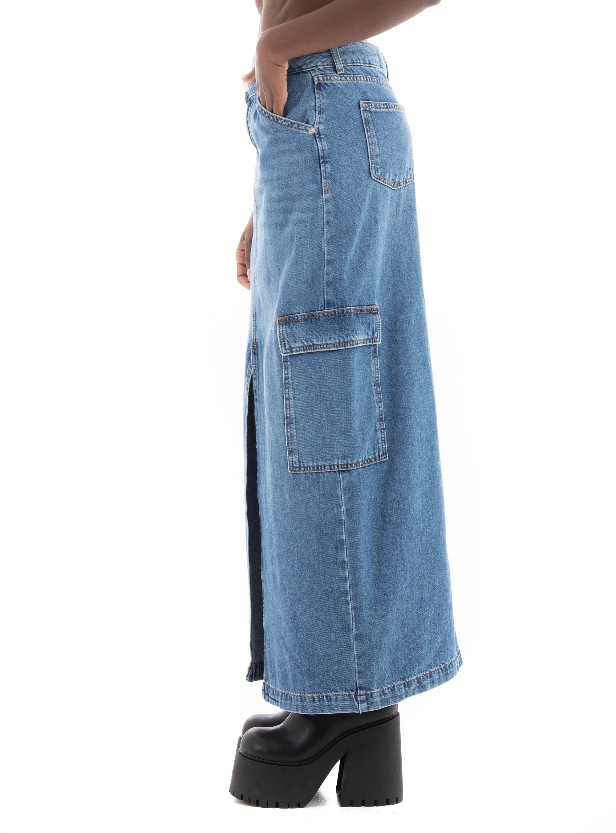 Only Lorel Mid Waist Maxi Cargo Denim Skirt  - Medium Aged Denim