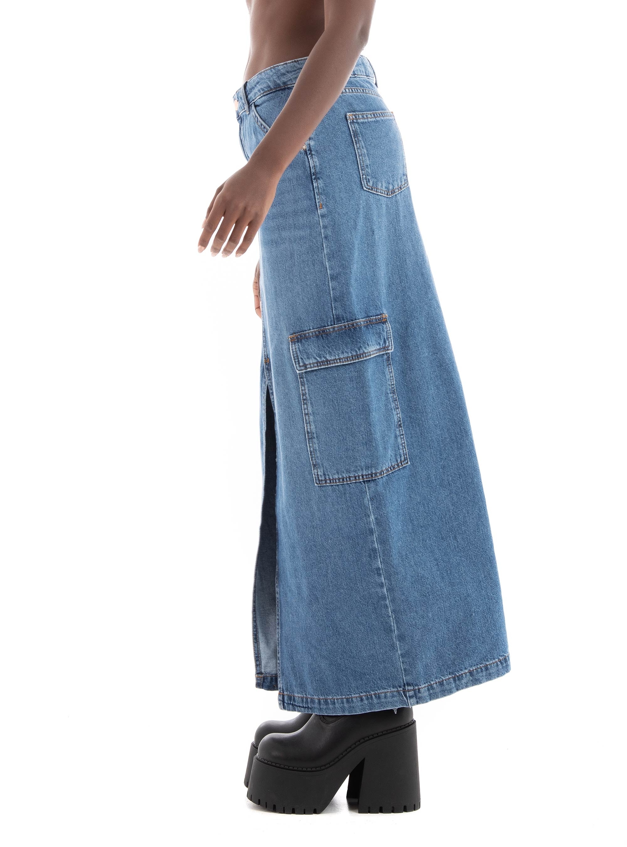 Only Lorel Mid Waist Maxi Cargo Denim Skirt  - Medium Aged Denim