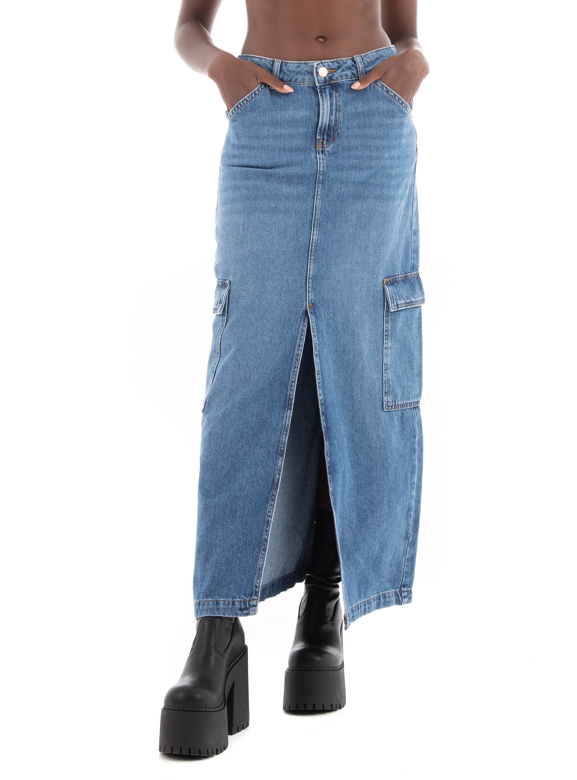 Only Lorel Mid Waist Maxi Cargo Denim Skirt  - Medium Aged Denim