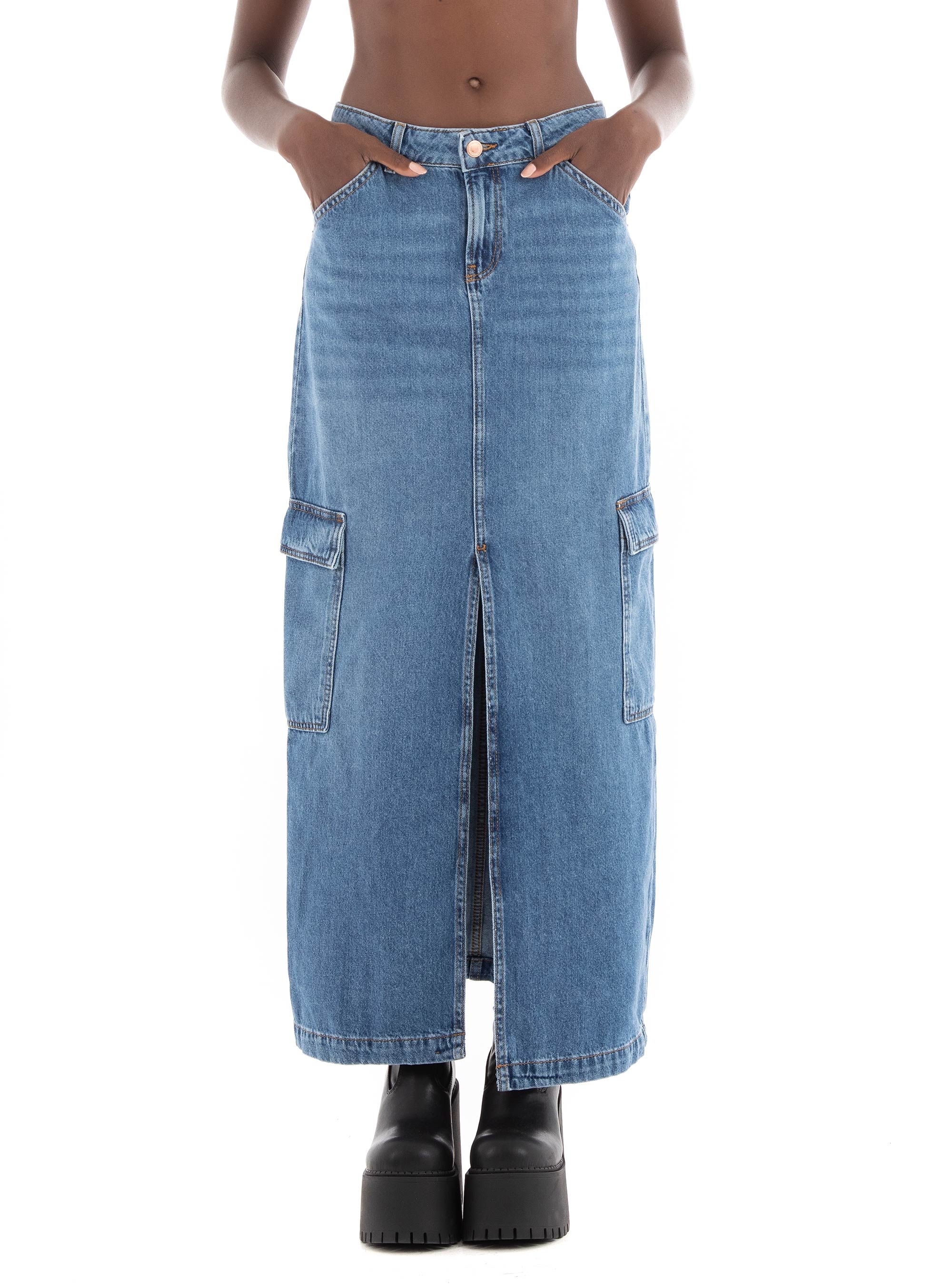 Only Lorel Mid Waist Maxi Cargo Denim Skirt  - Medium Aged Denim