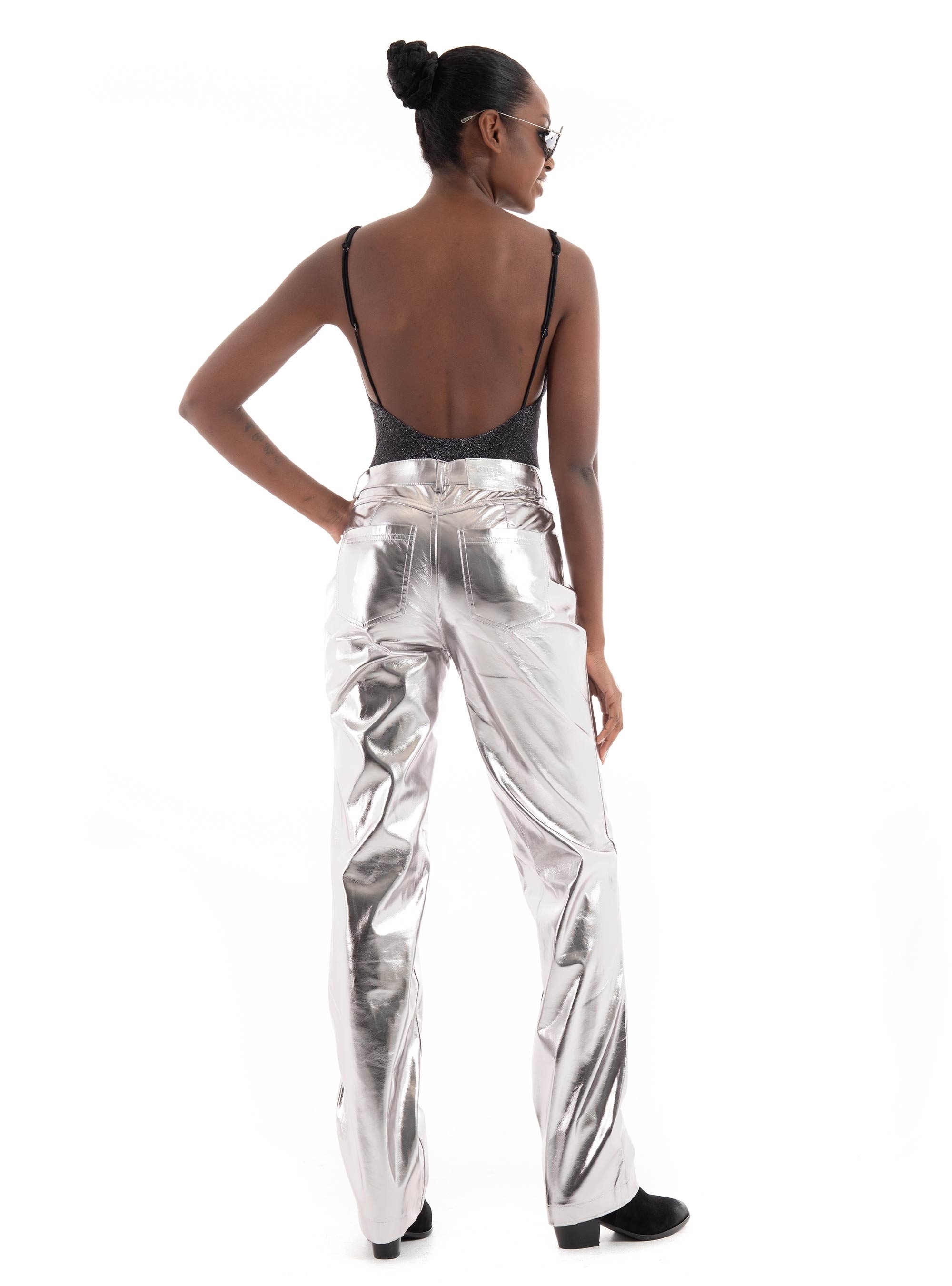 Guess Metallic Faux Leather Straight Pants - Silver