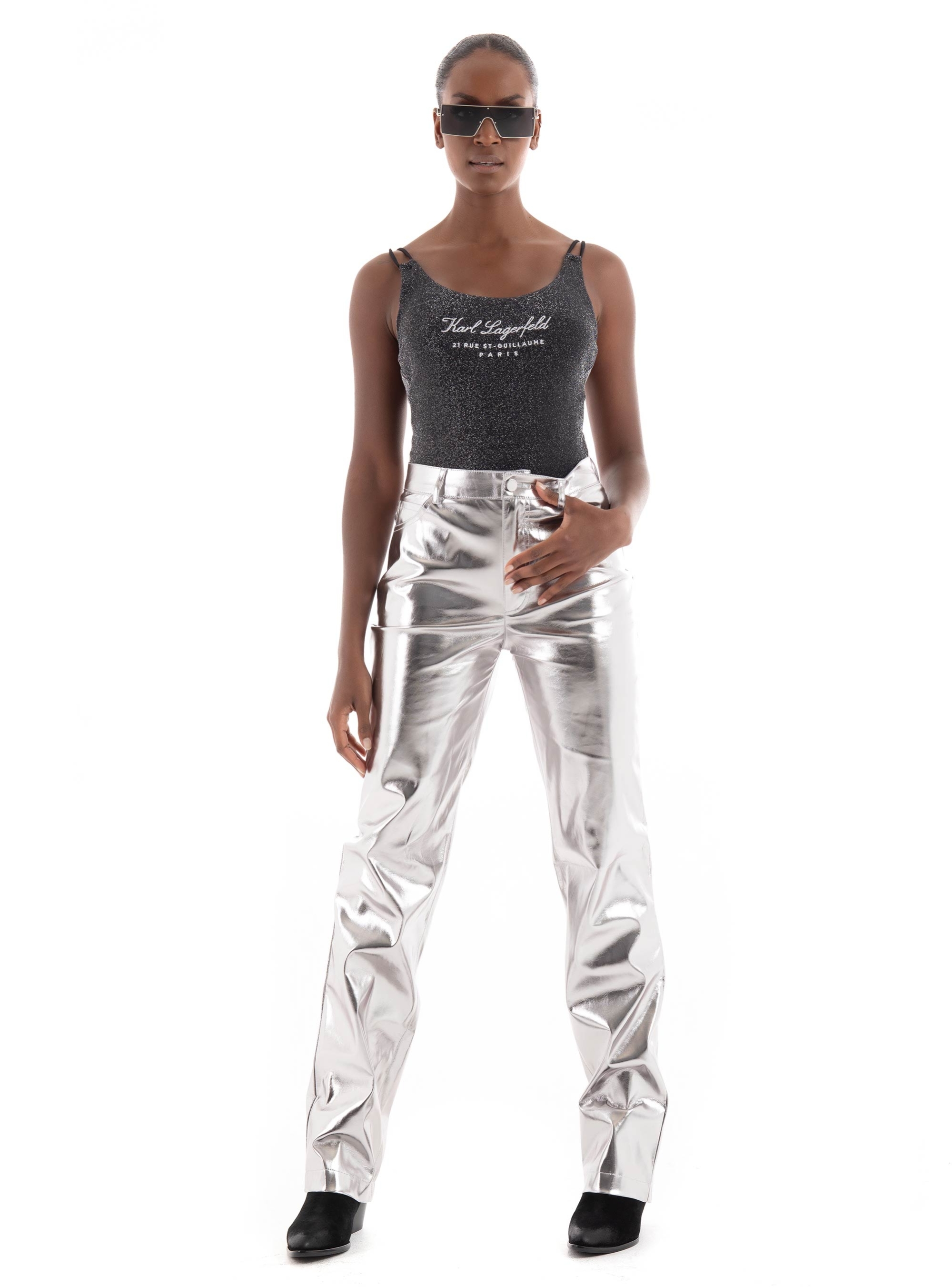 Guess Metallic Faux Leather Straight Pants - Silver