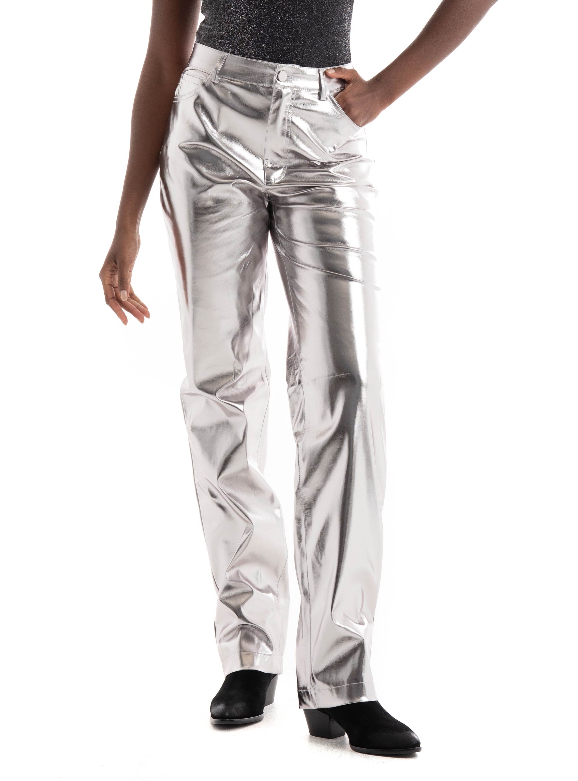 Guess Metallic Faux Leather Straight Pants - Silver