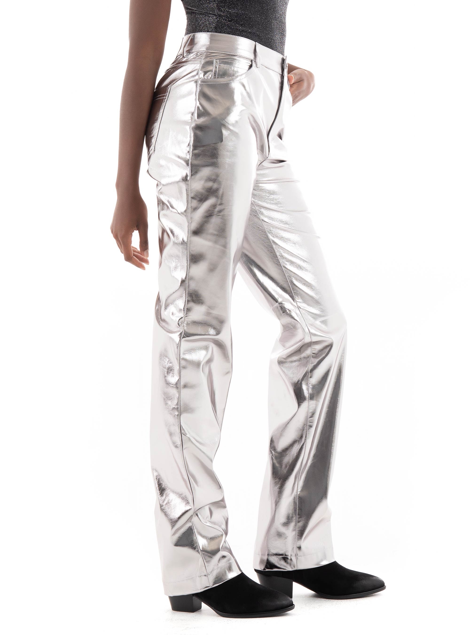 Guess Metallic Faux Leather Straight Pants - Silver