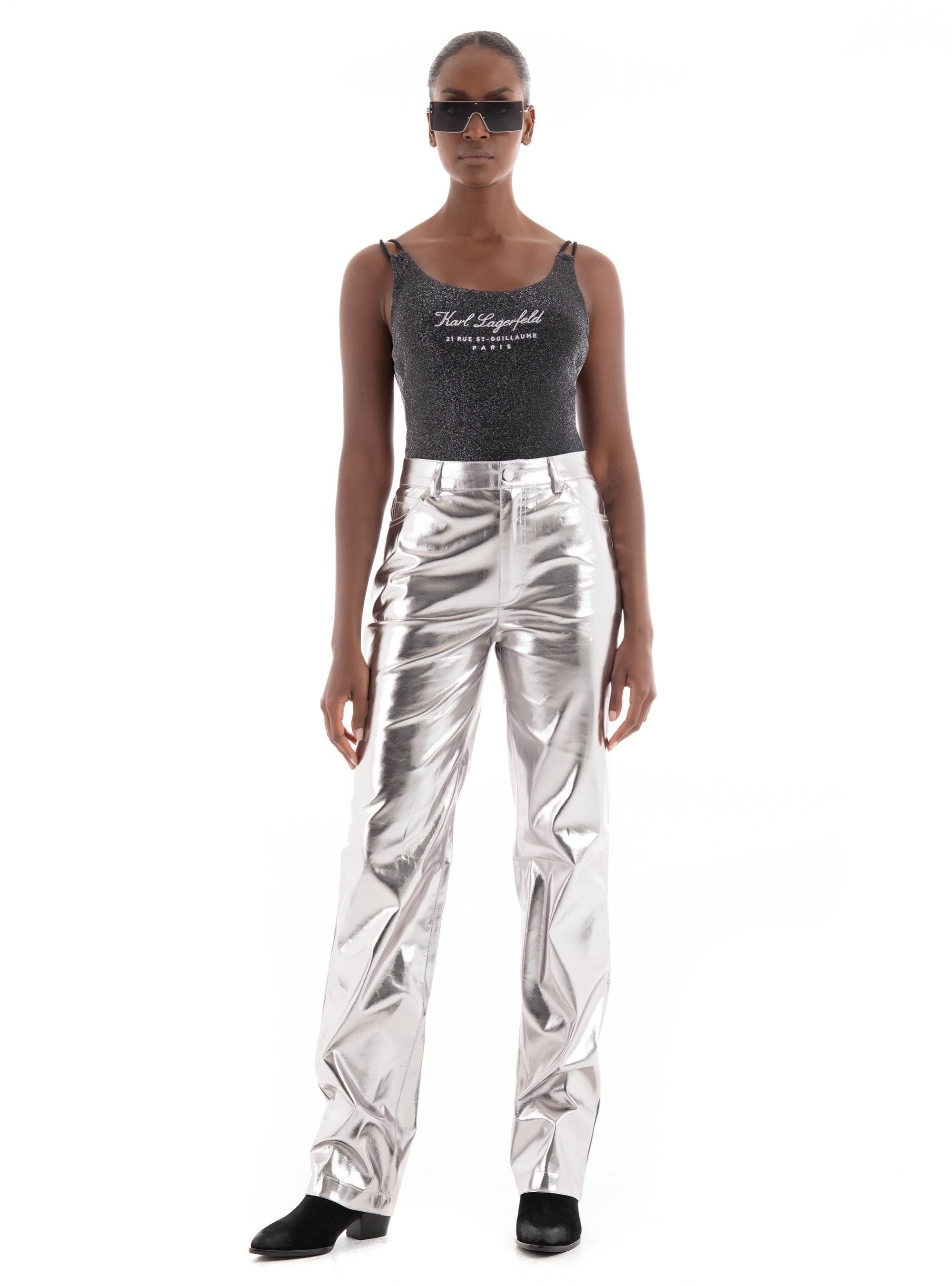 Guess Metallic Faux Leather Straight Pants - Silver