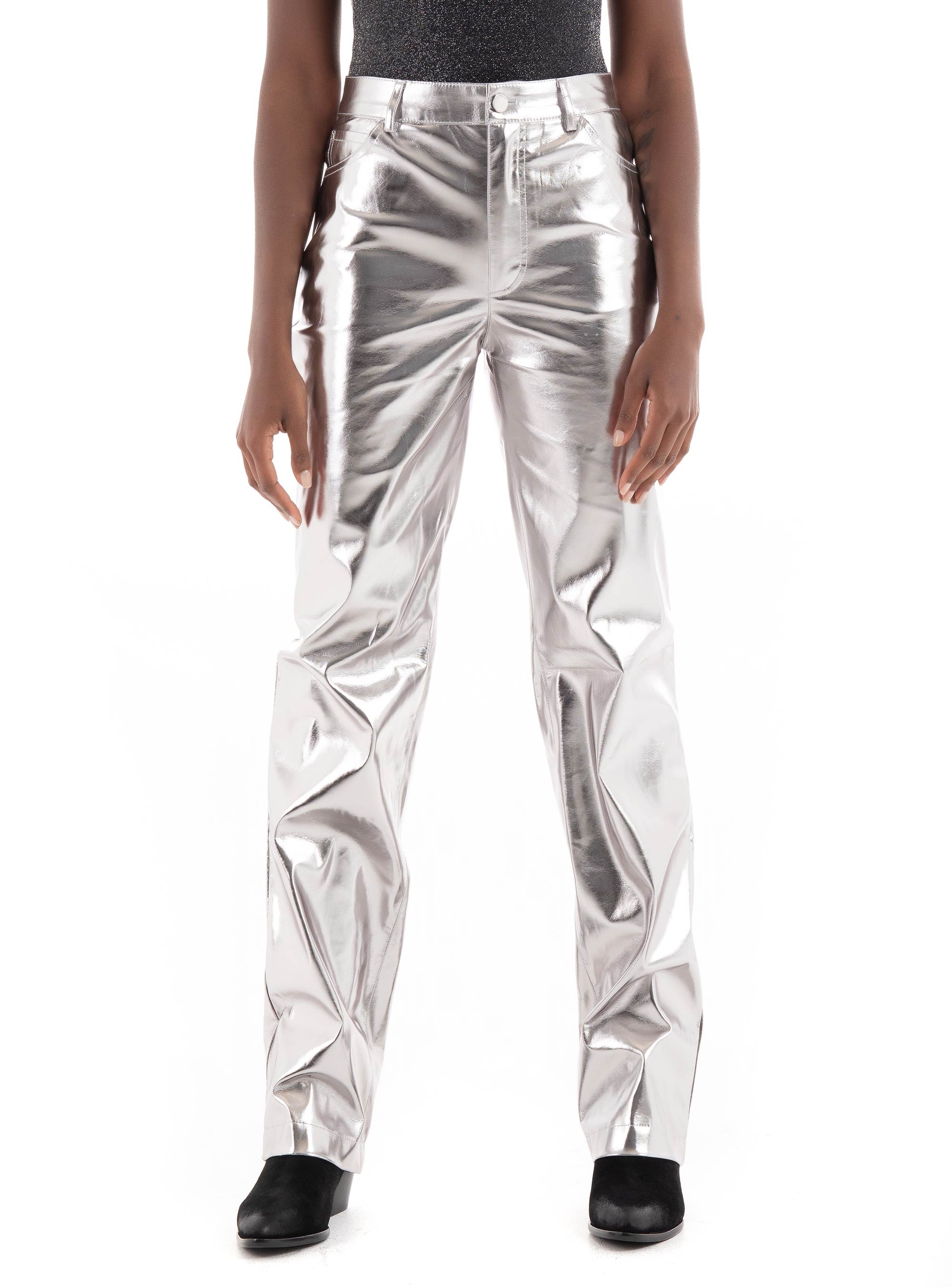 Guess Metallic Faux Leather Straight Pants - Silver