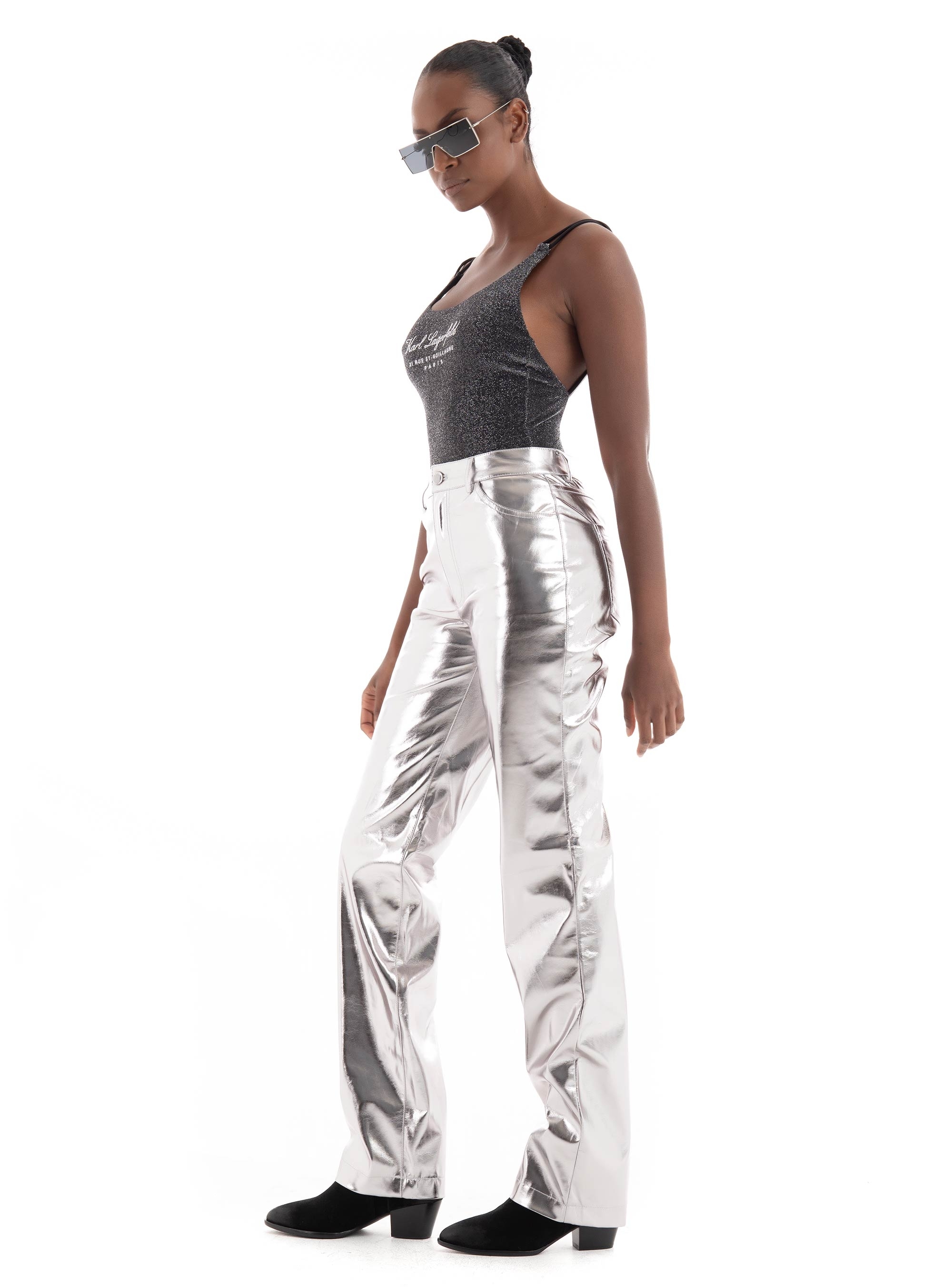 Guess Metallic Faux Leather Straight Pants - Silver