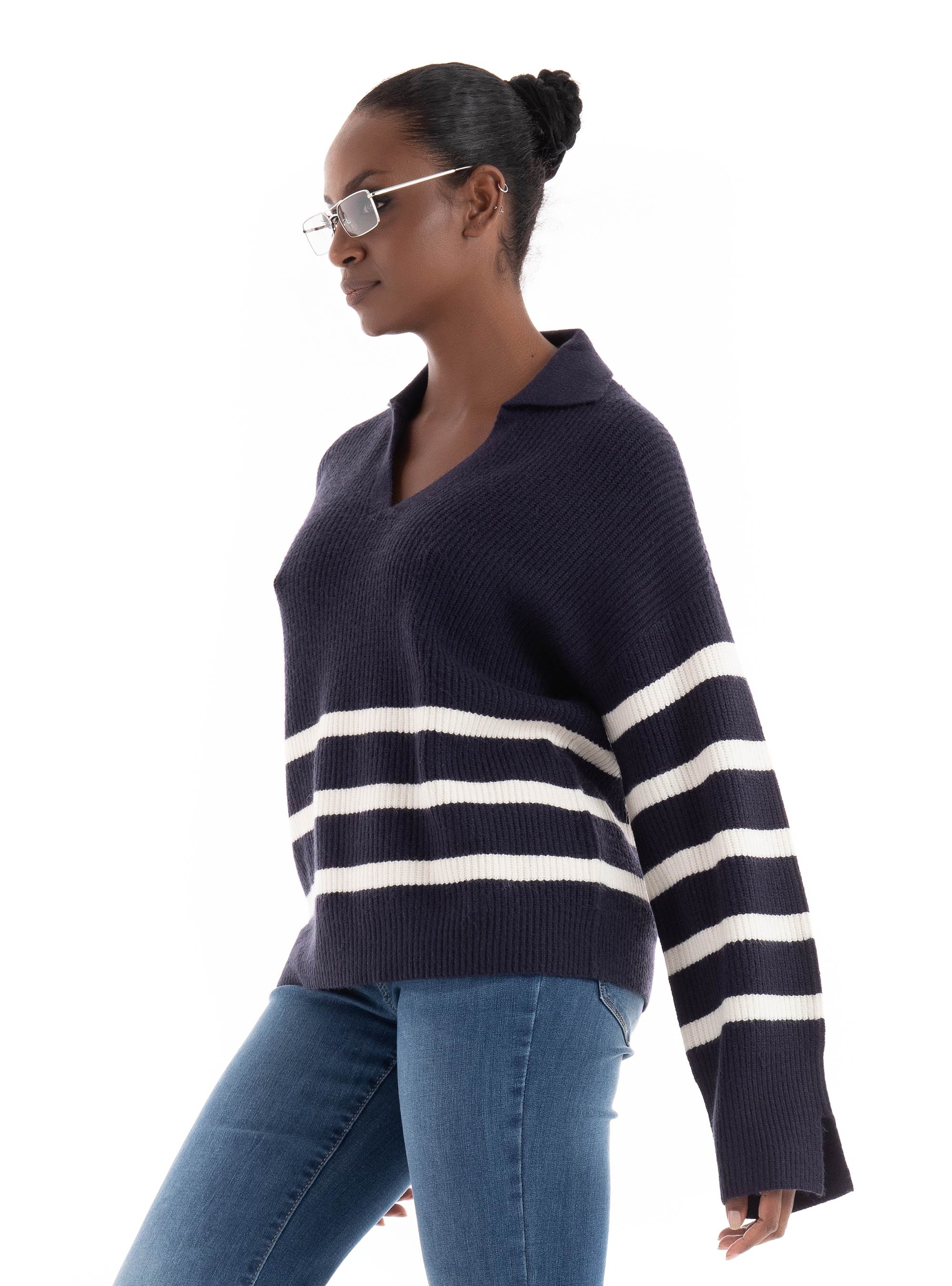 Only Monna Split Neck Collar Knit - Dark Blue