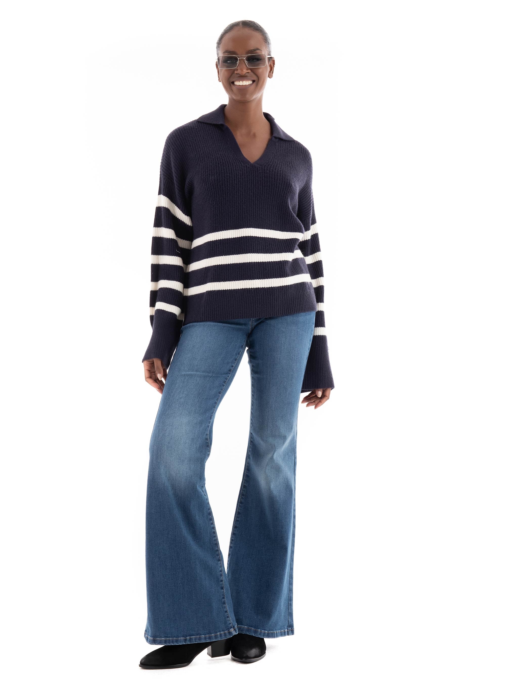Only Monna Split Neck Collar Knit - Dark Blue