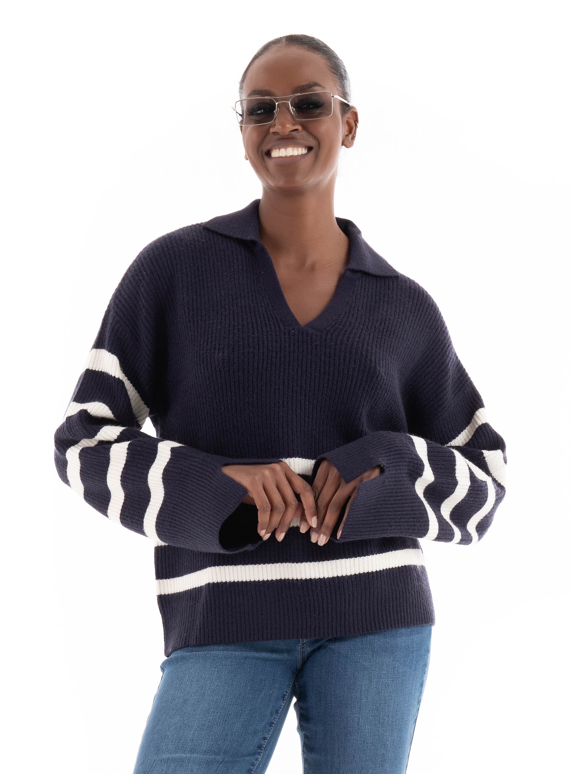 Only Monna Split Neck Collar Knit - Dark Blue