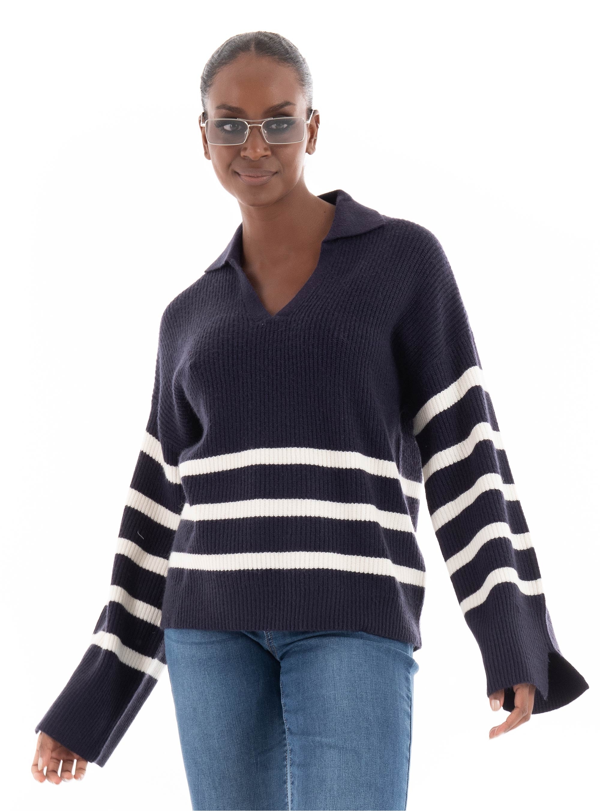 Only Monna Split Neck Collar Knit - Dark Blue