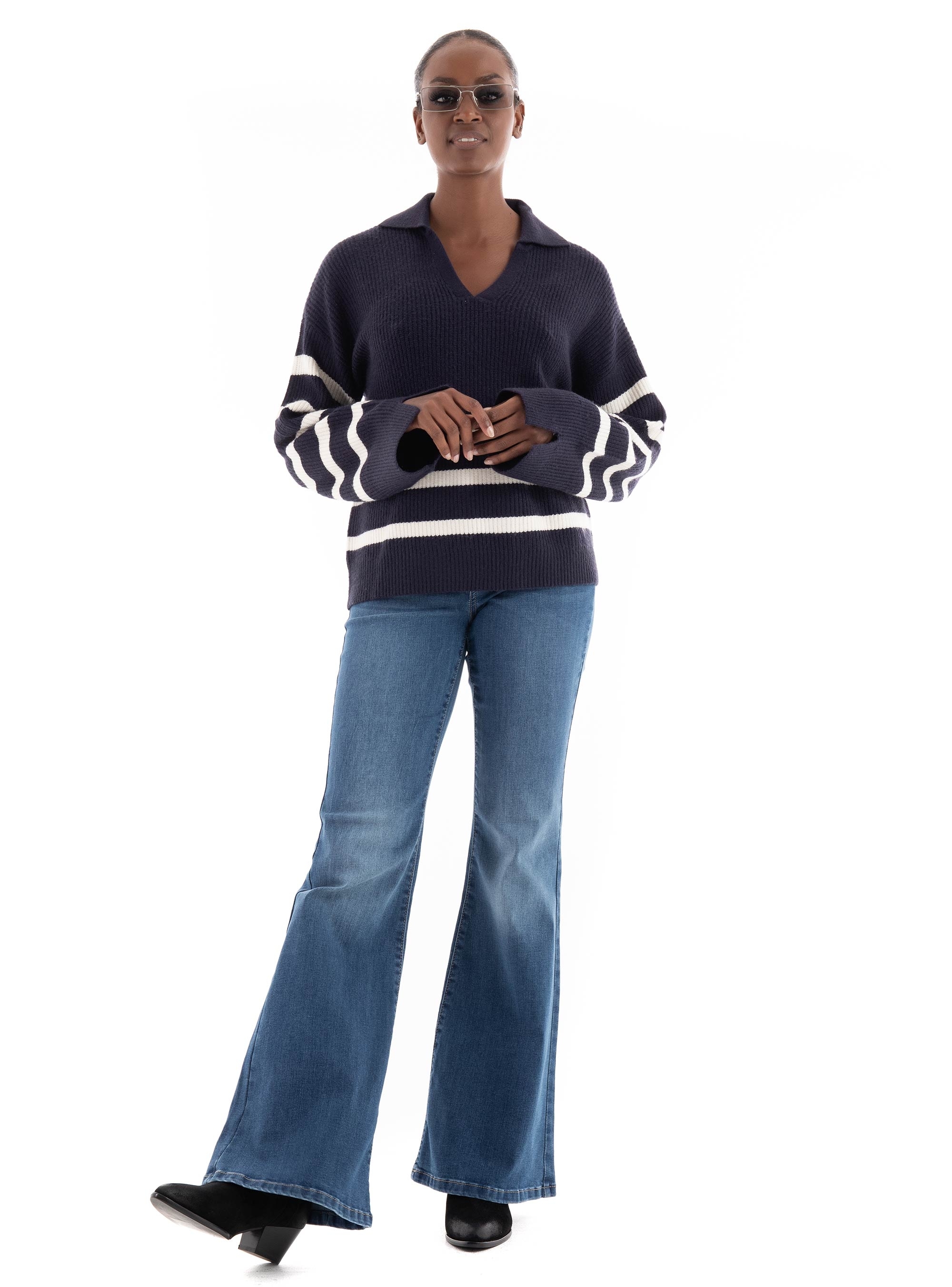 Only Monna Split Neck Collar Knit - Dark Blue
