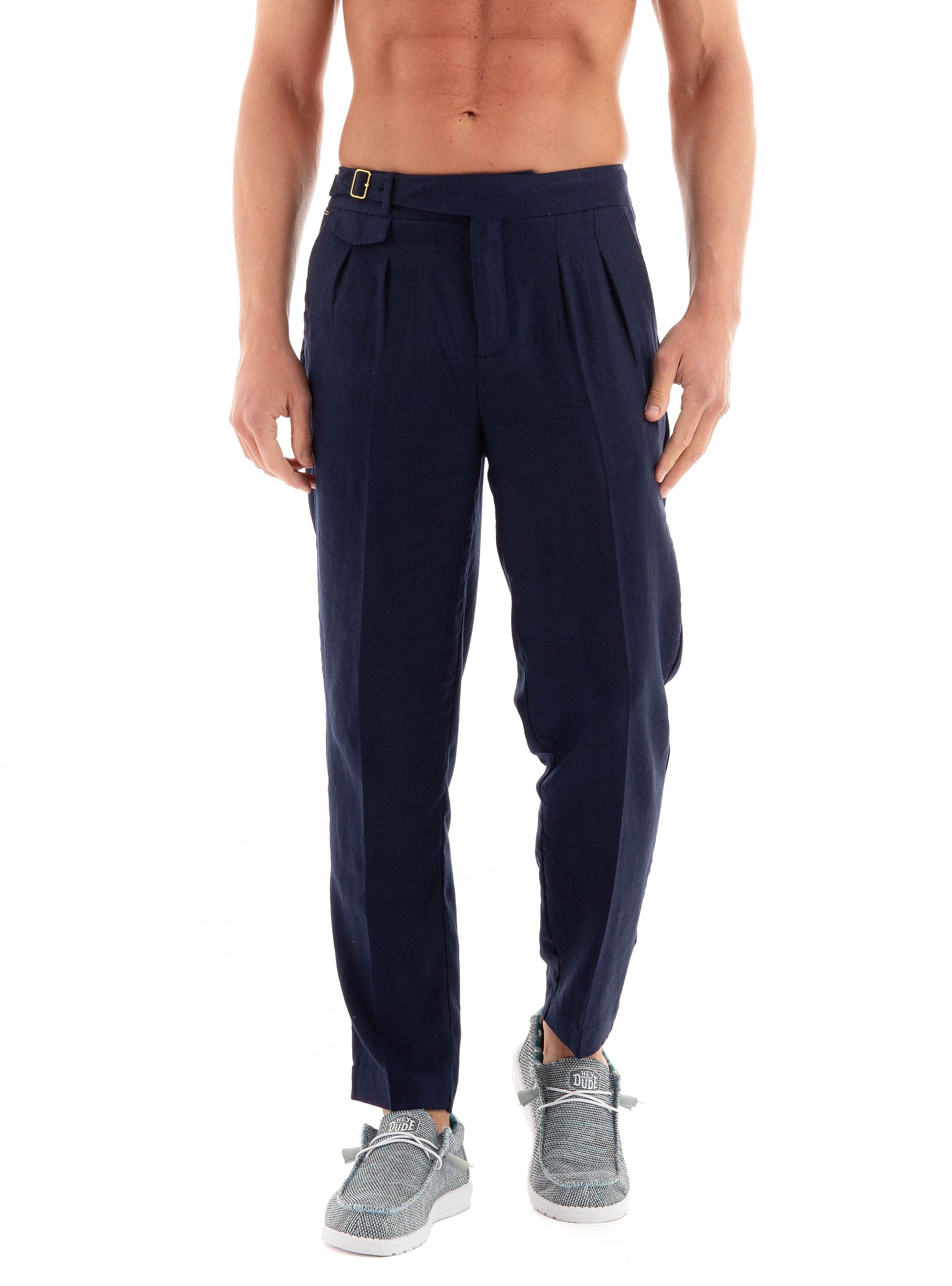 Scotch & Soda Wide Fit Pleated Herringbone Chino Pants - Navy