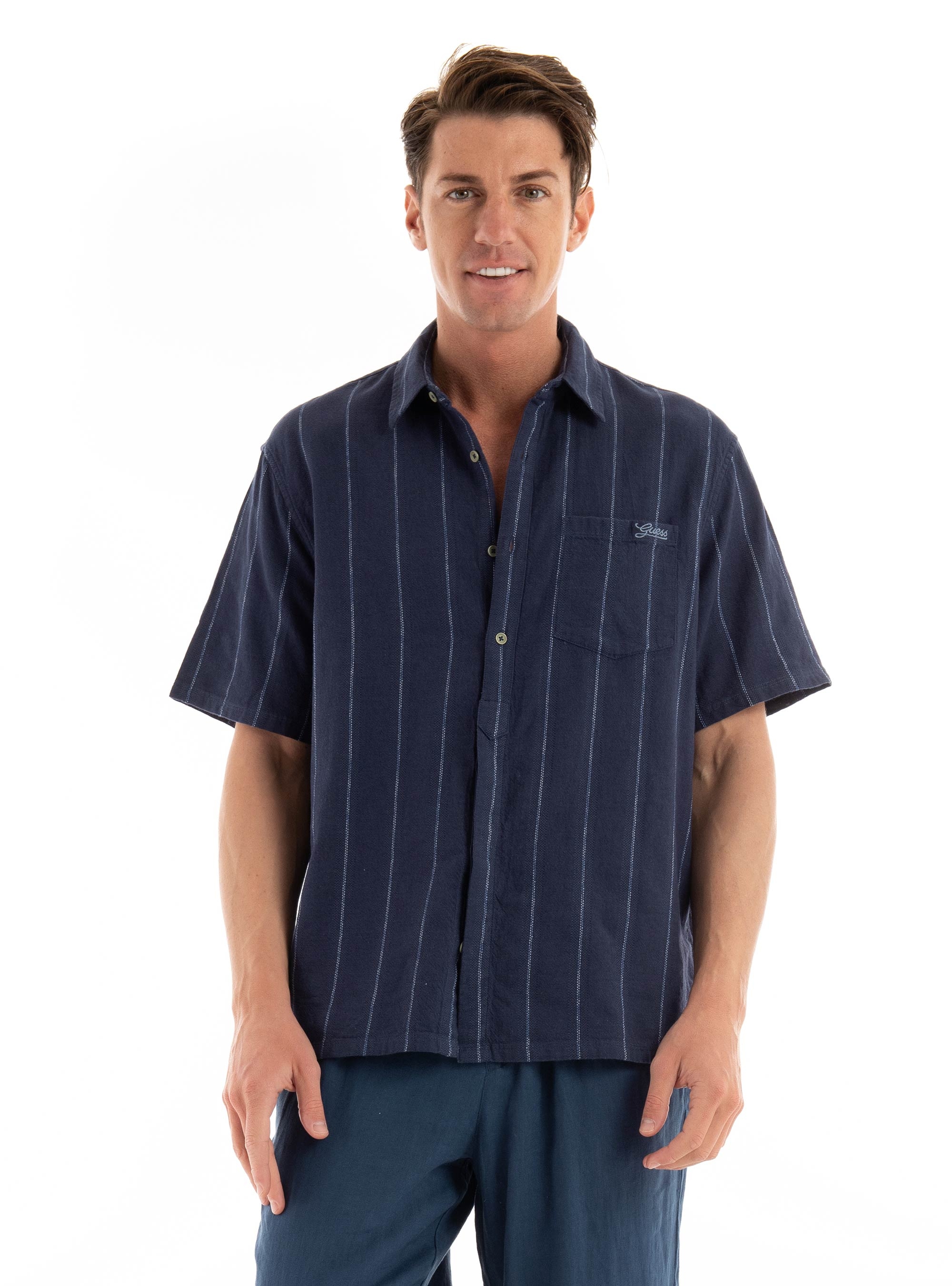 Guess Boxy Striped Textured Shirt - Blue